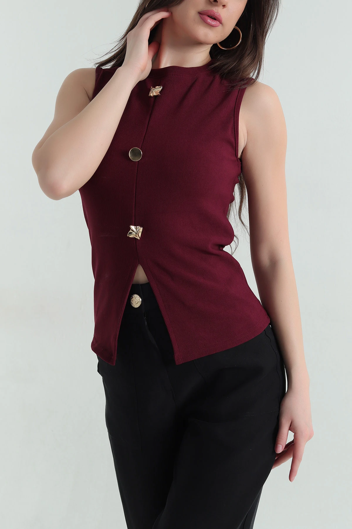 Bordo Düğmeli Ottoman Kadın Bluz 359821