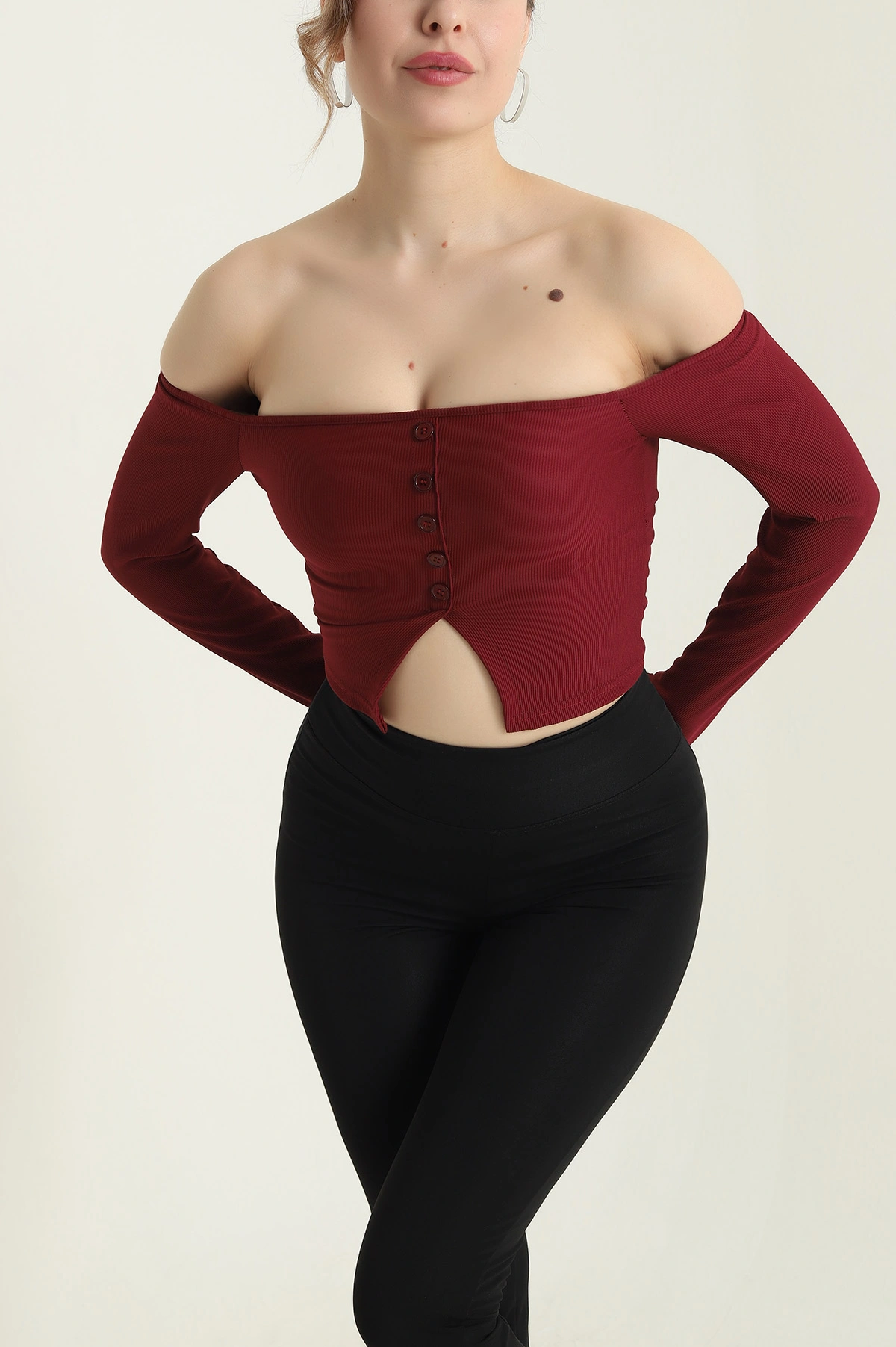 Bordo Düğmeli Ottoman Kadın Bluz 429495