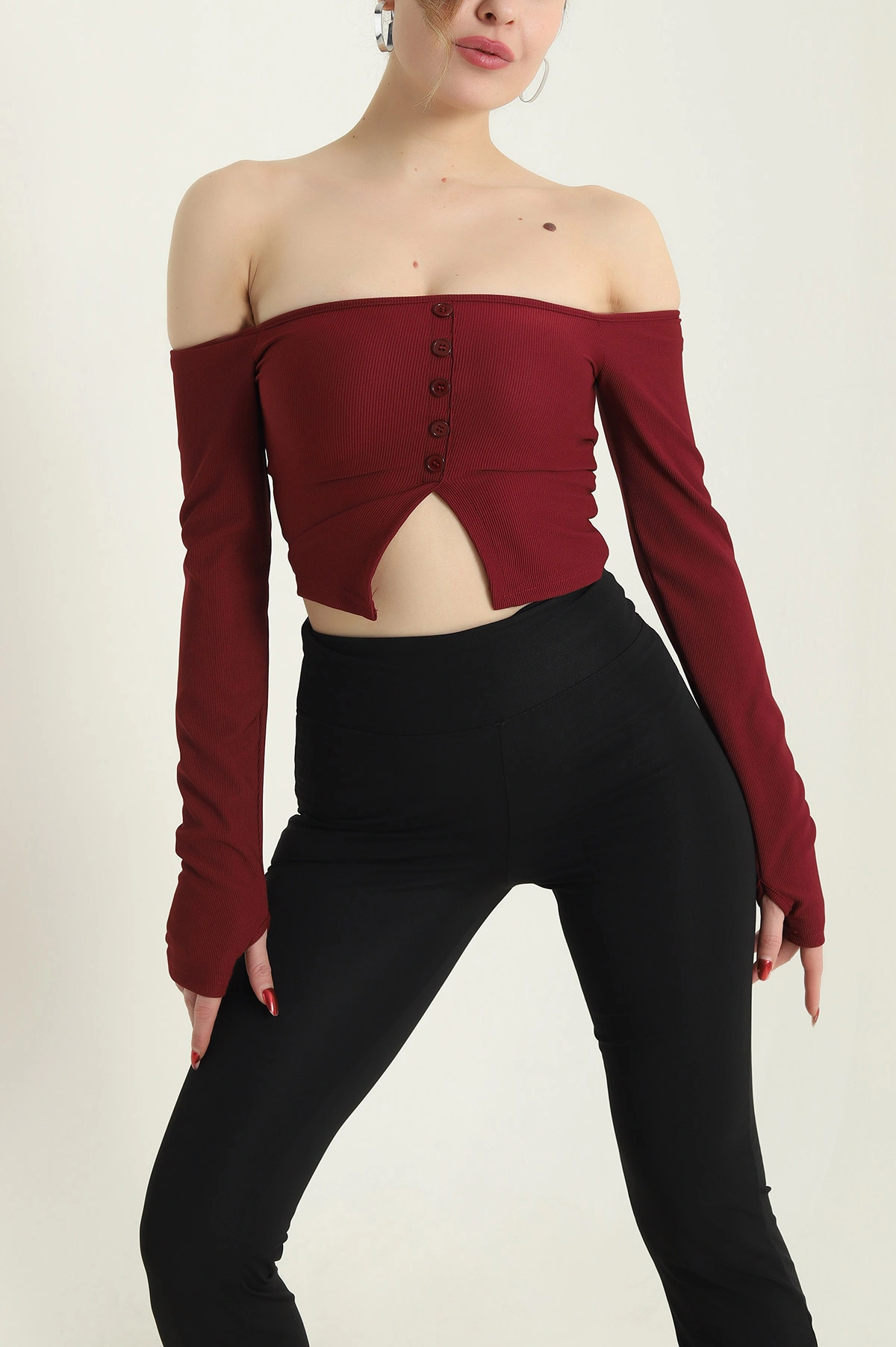 Bordo Düğmeli Ottoman Kadın Bluz 429495