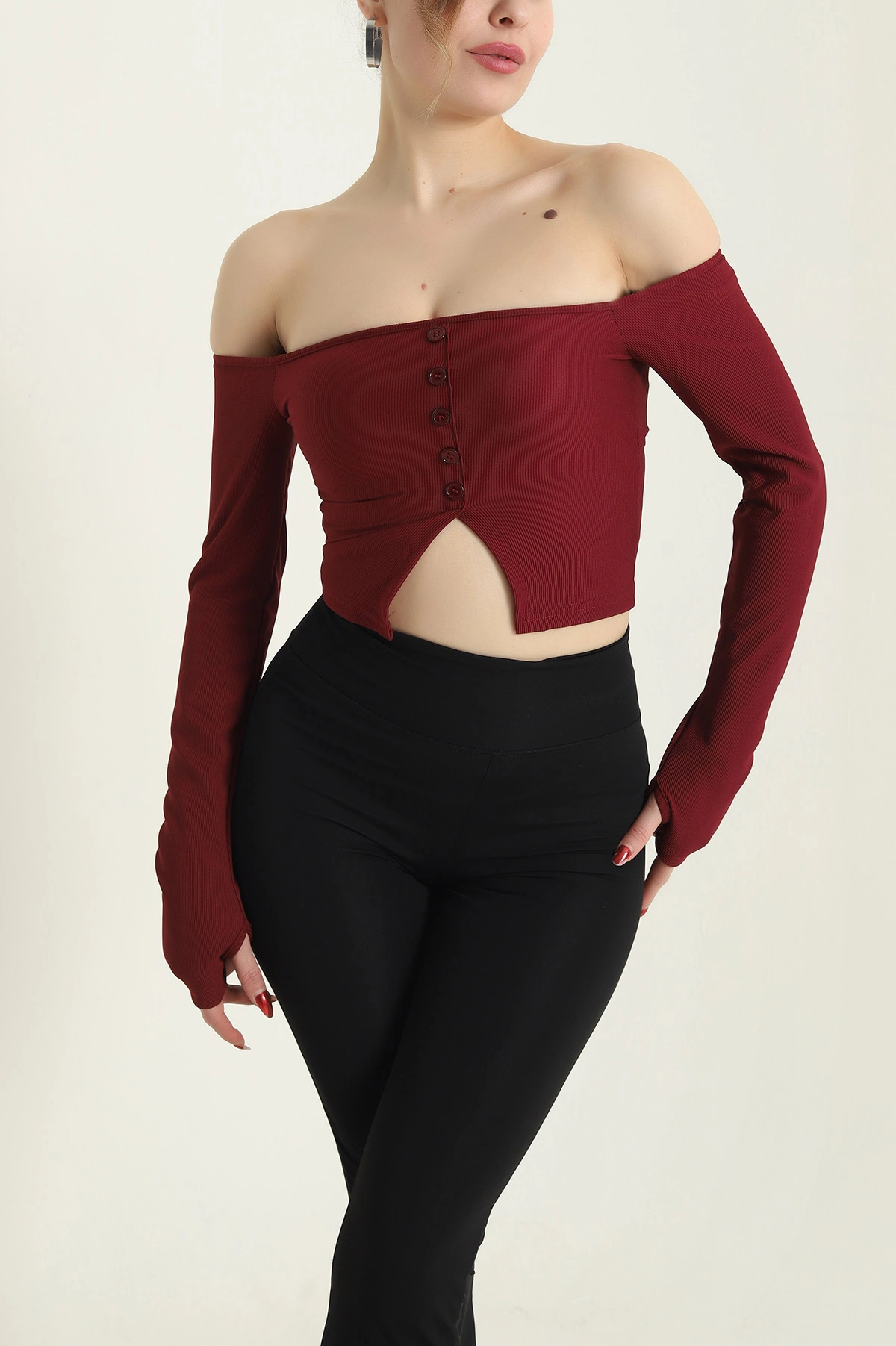 Bordo Düğmeli Ottoman Kadın Bluz 429495