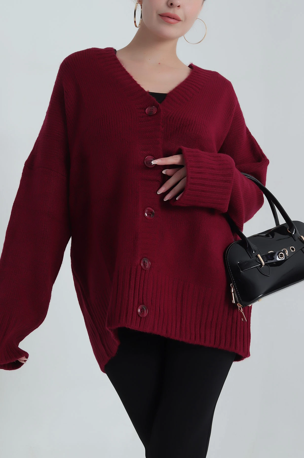 Bordo Düğmeli Oversize Kadın Triko Hırka 401057