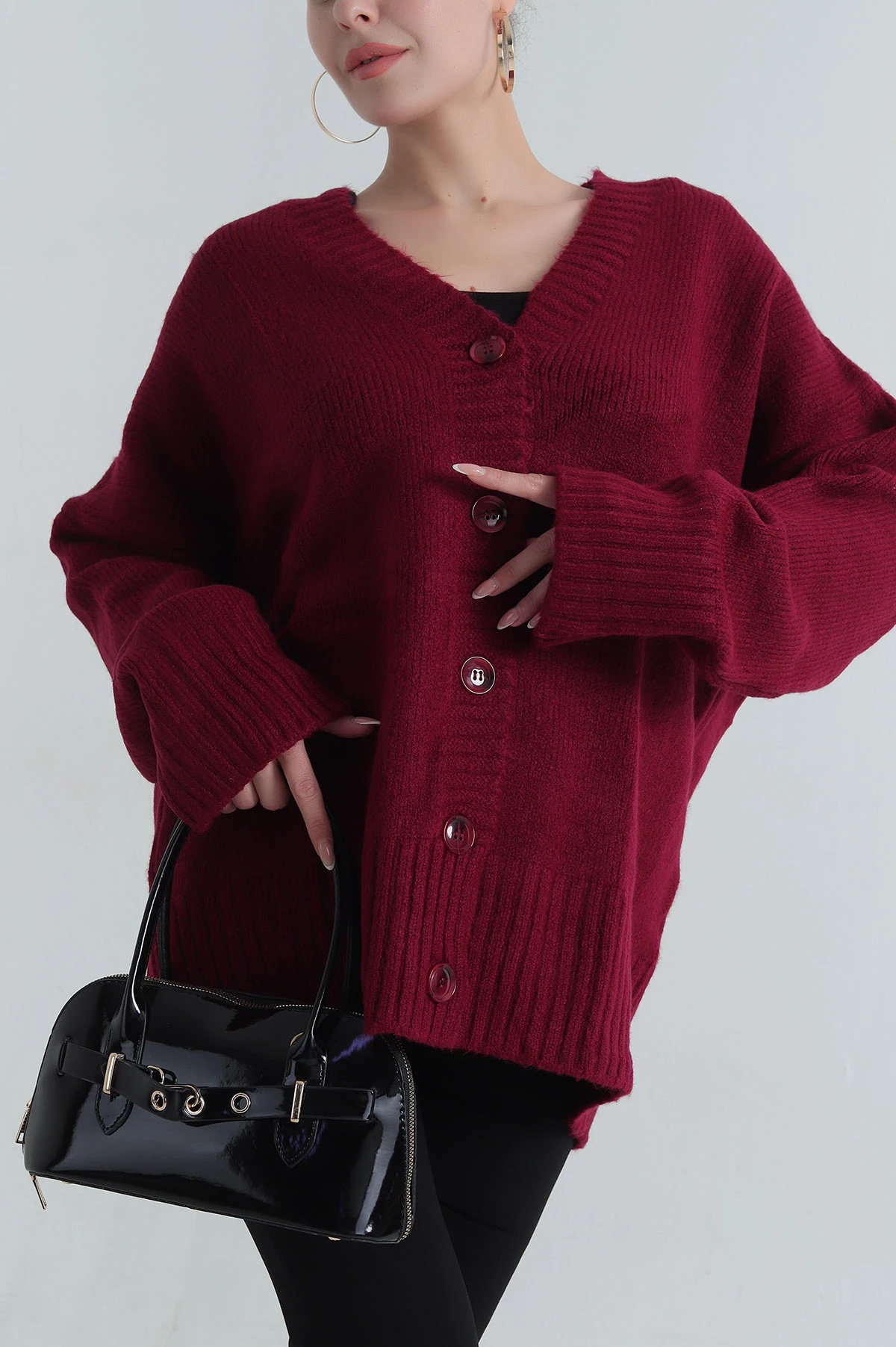 Bordo Düğmeli Oversize Kadın Triko Hırka 401057