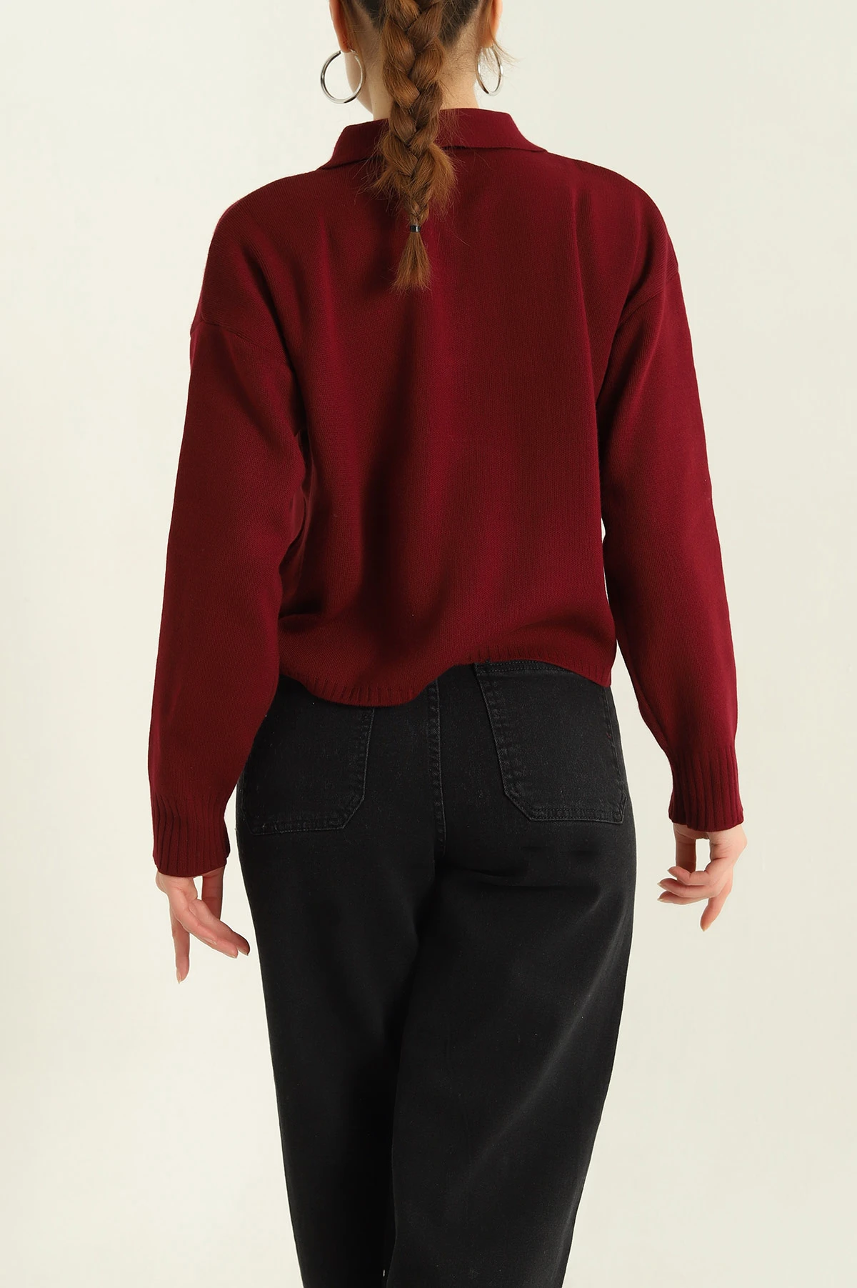 Bordo Düğmeli Polo Yaka Bayan Triko Kazak -T 321845
