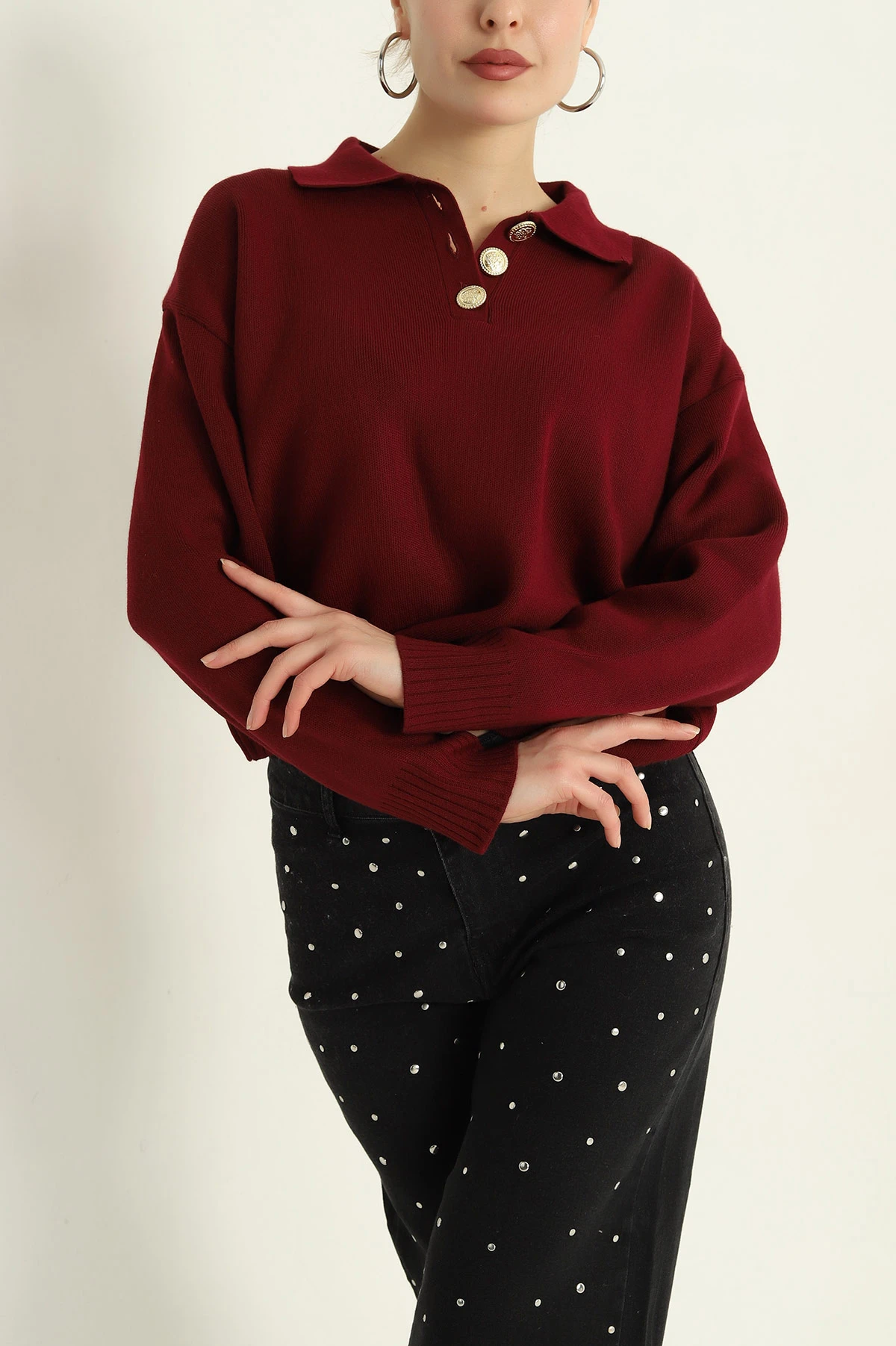 Bordo Düğmeli Polo Yaka Bayan Triko Kazak -T 321845