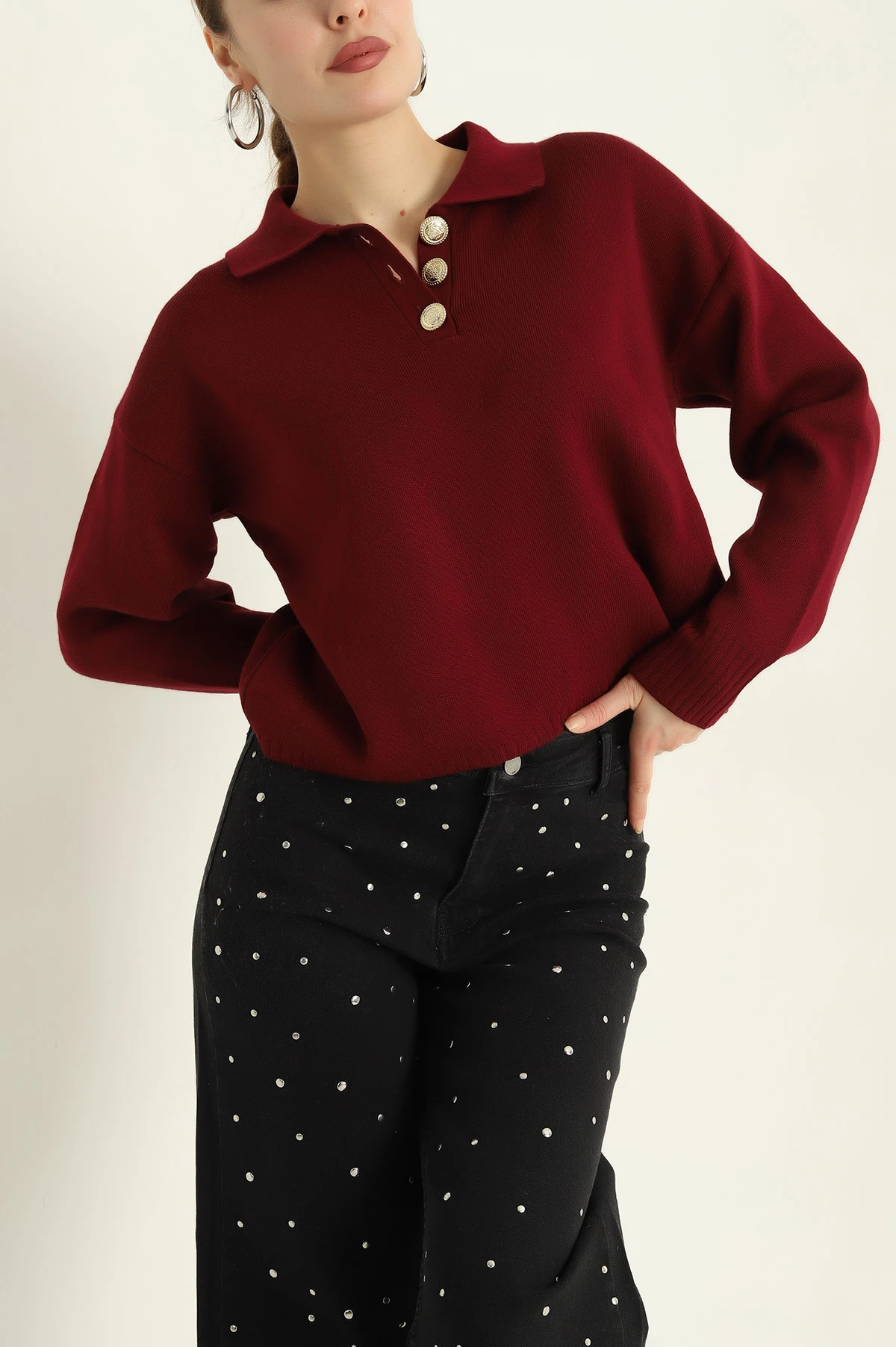 Bordo Düğmeli Polo Yaka Bayan Triko Kazak -T 321845