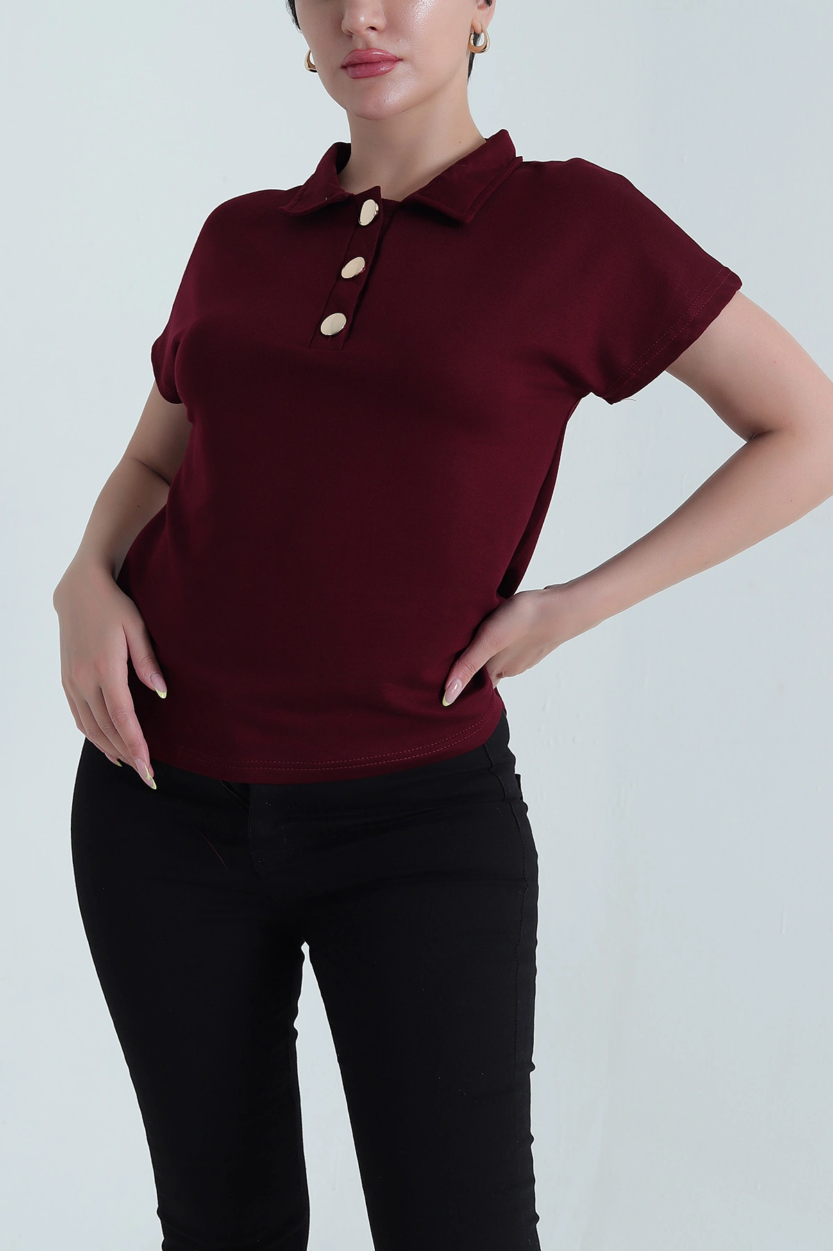 Bordo Düğmeli Polo Yaka Kristal Kadın Bluz 468809