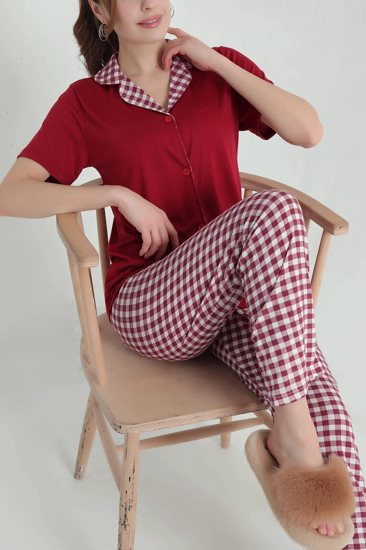Bordo Düğmeli Viskon Kadın Pijama Takımı 347353