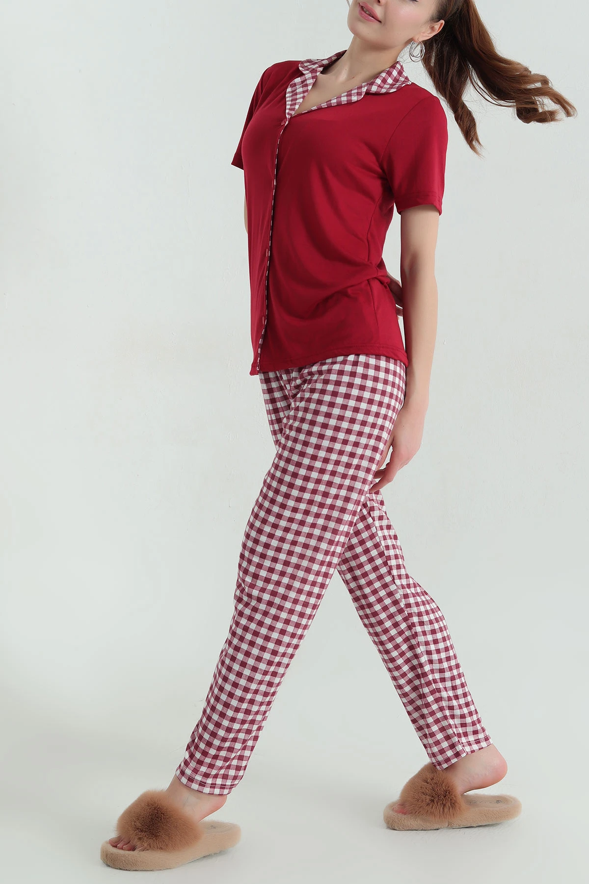 Bordo Düğmeli Viskon Kadın Pijama Takımı 347353
