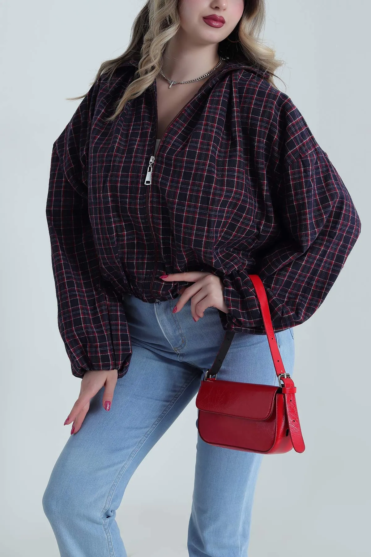 Bordo Ekose Bomber Kadın Mevsimlik Mont 493469