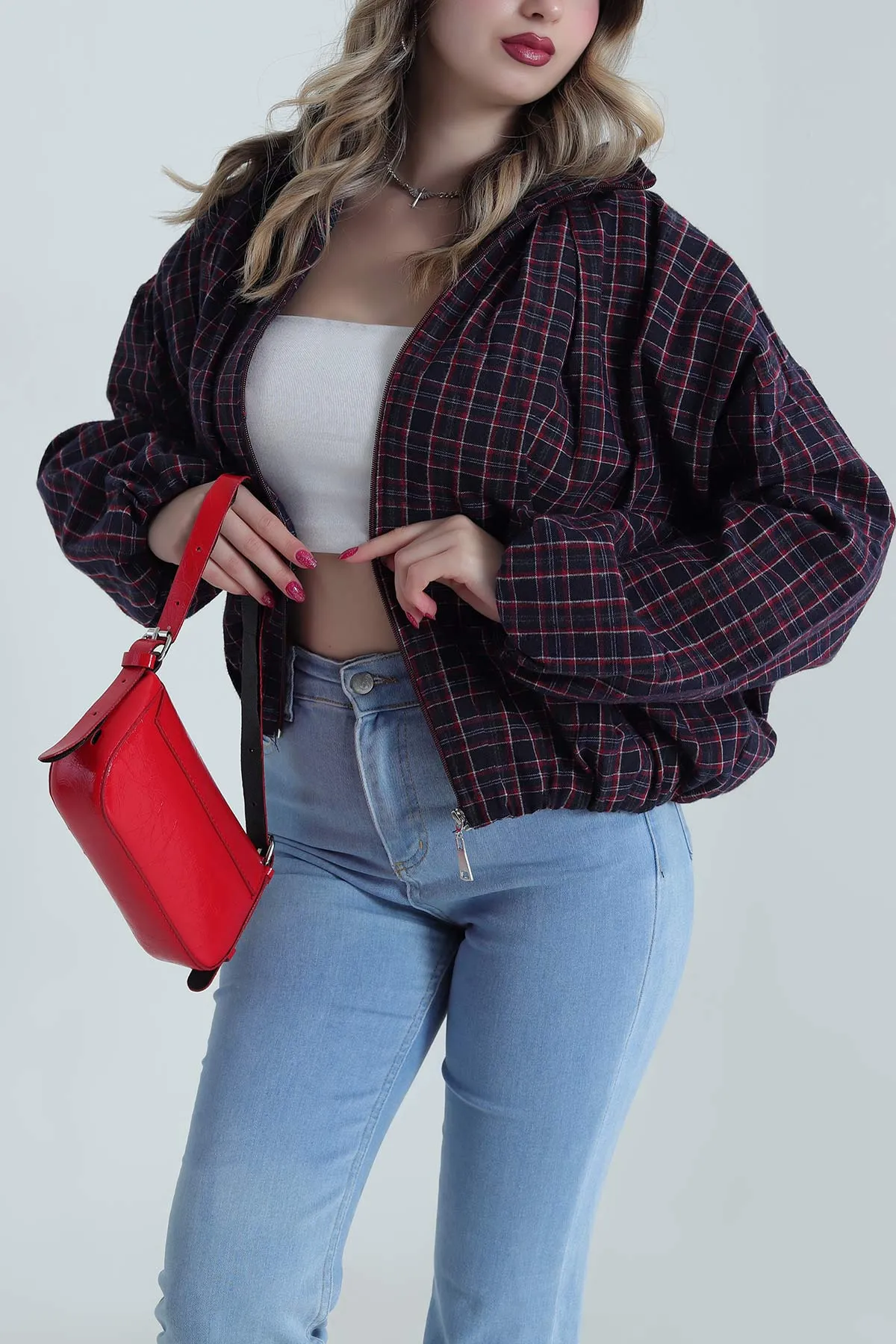 Bordo Ekose Bomber Kadın Mevsimlik Mont 493469
