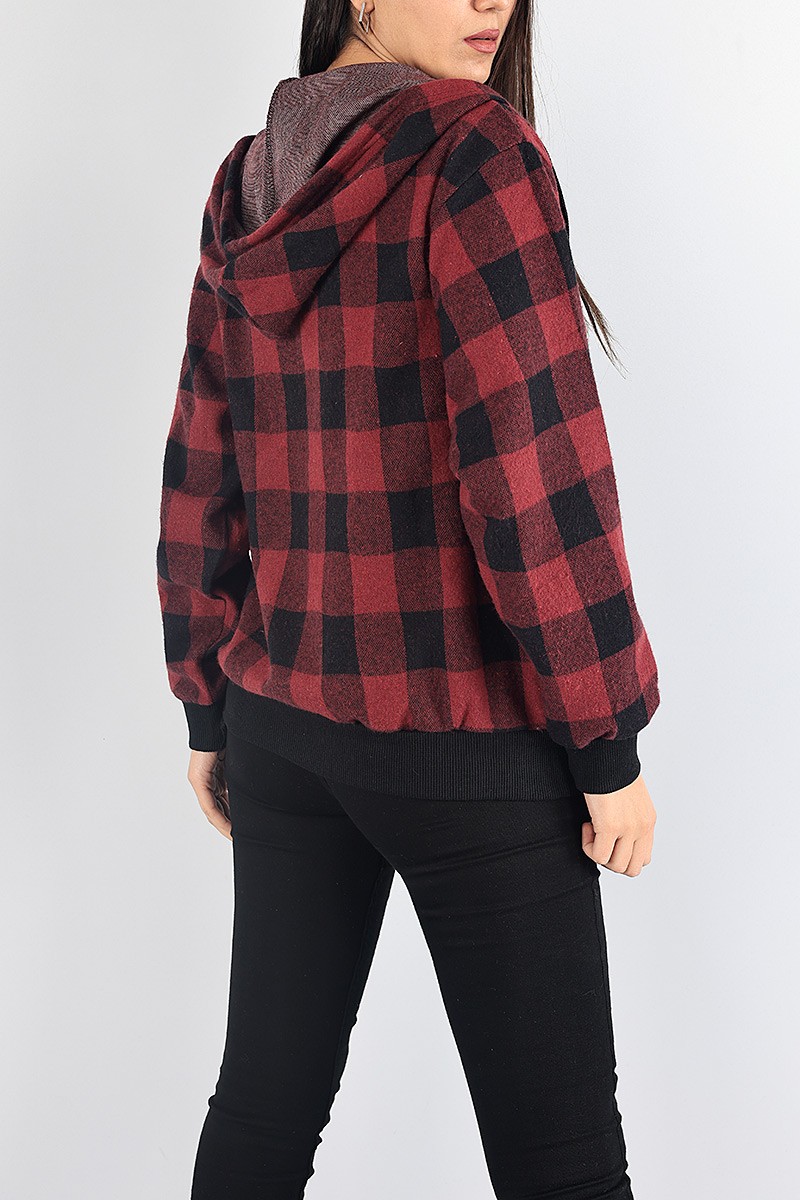 Bordo Ekose Desen Bayan Kaşe Hırka 87913
