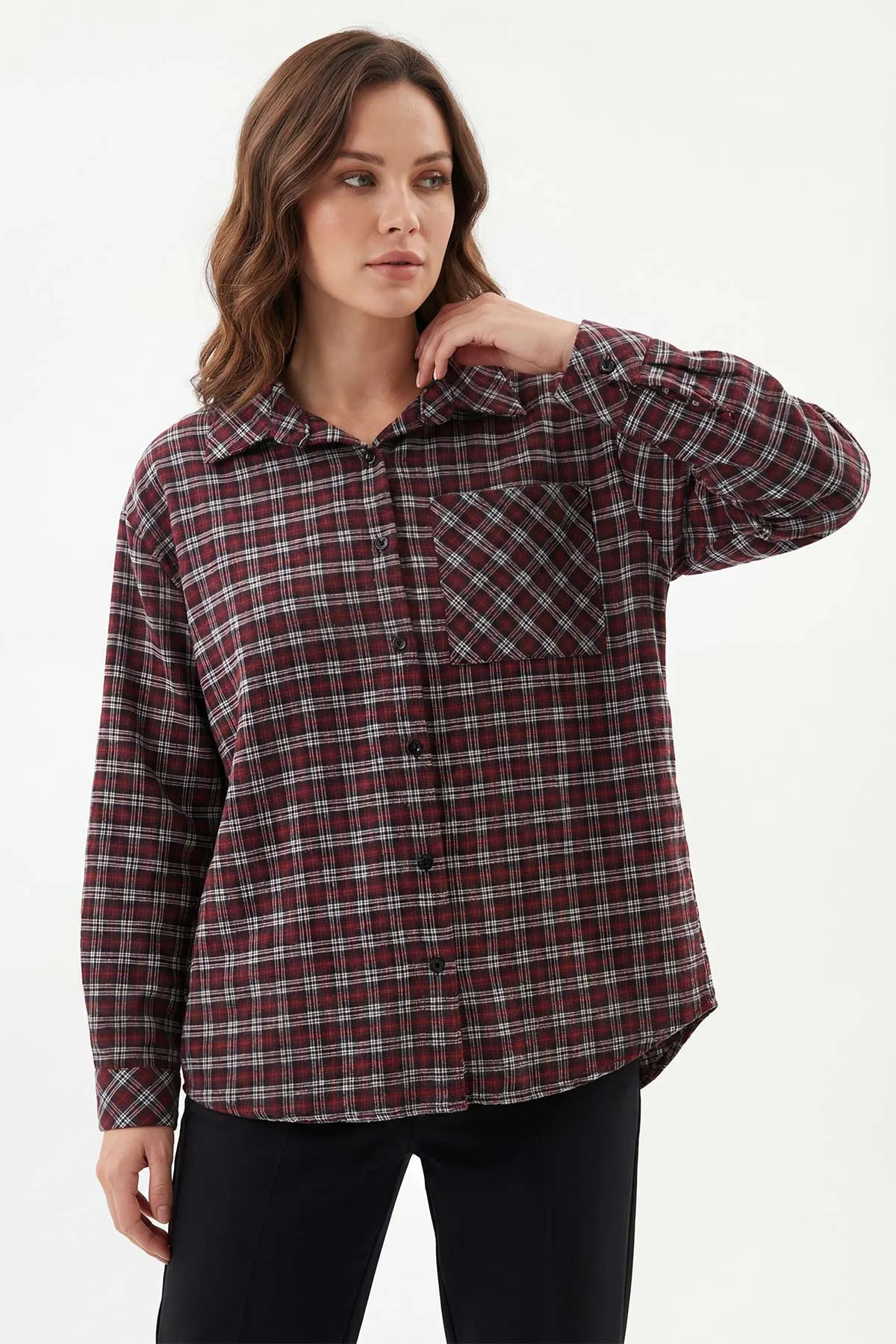 Bordo Ekose Desen Oduncu Kadın Gömlek 425705