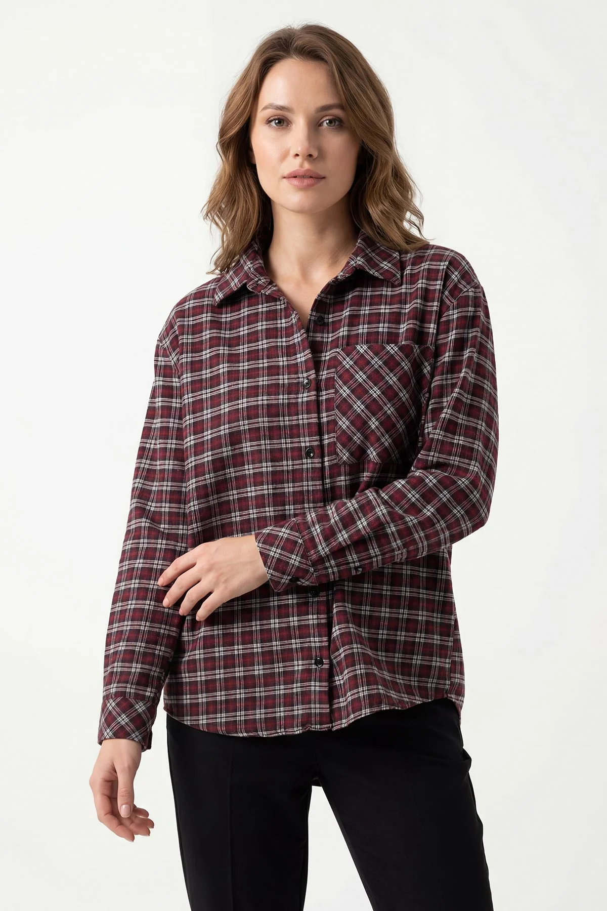 Bordo Ekose Desen Oduncu Kadın Gömlek 425705