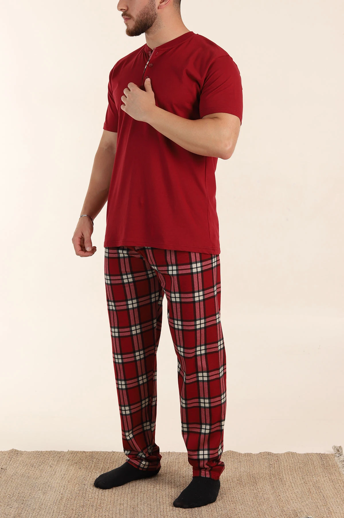 Bordo Ekose Desenli 3 Düğmeli Kısa Kol Erkek Pijama Takımı 362608