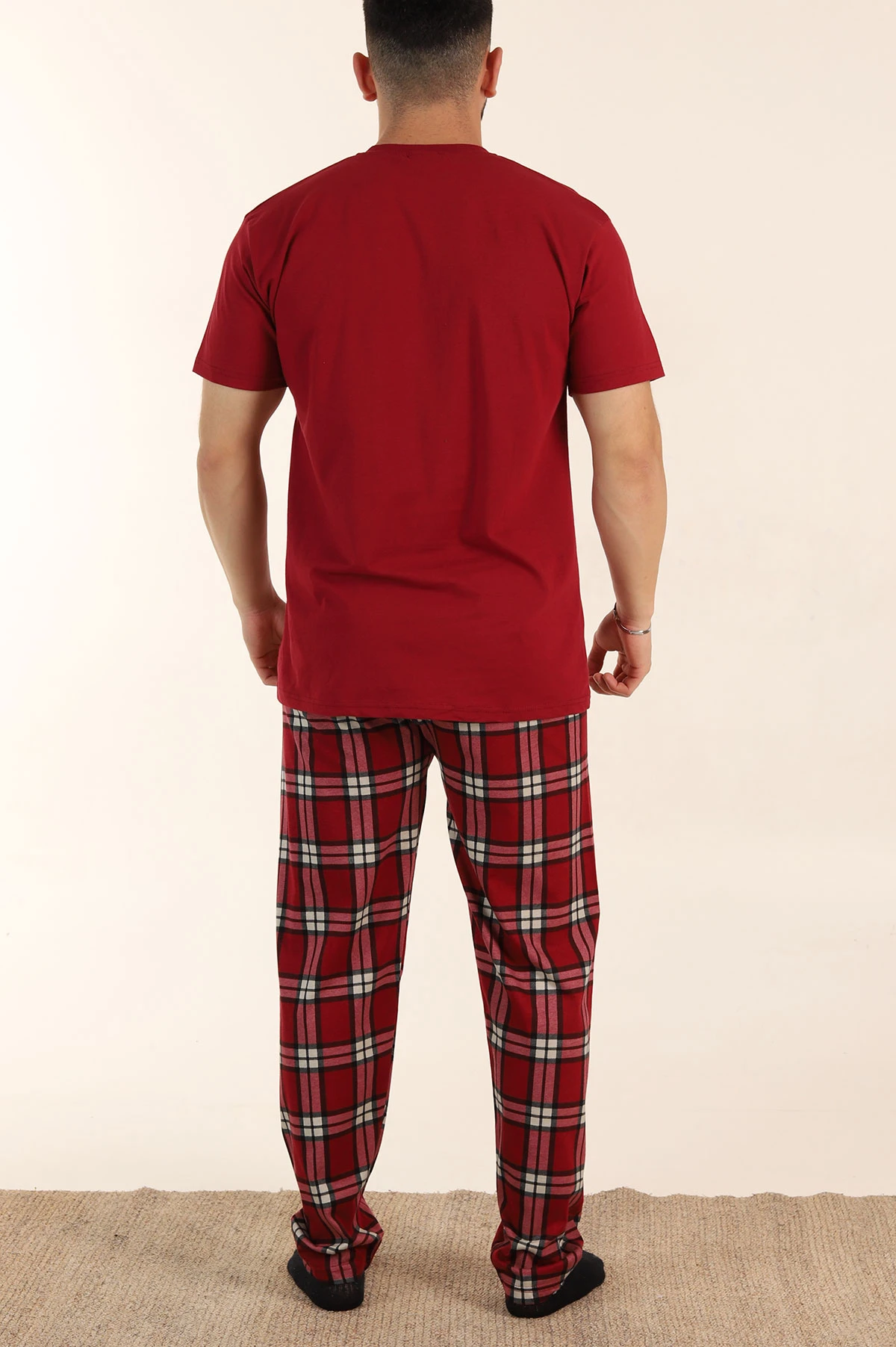 Bordo Ekose Desenli 3 Düğmeli Kısa Kol Erkek Pijama Takımı 362608