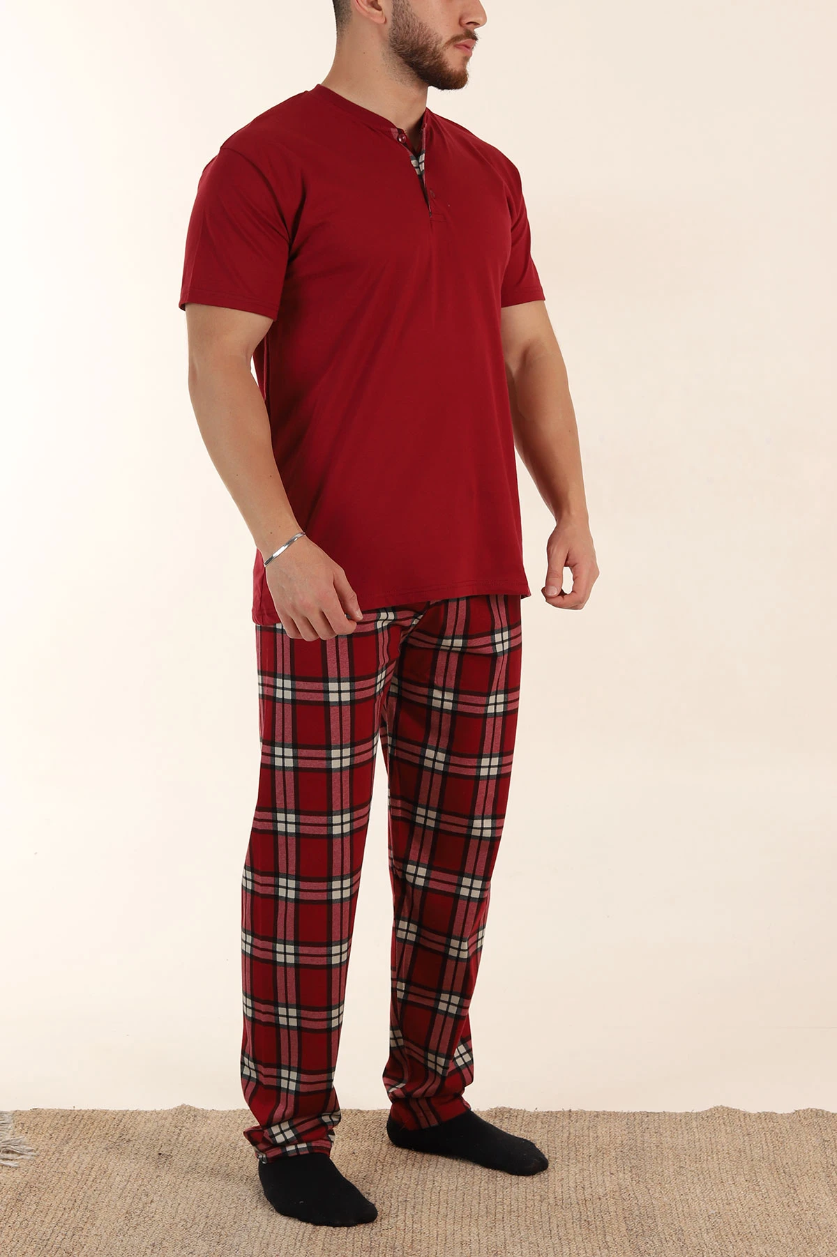 Bordo Ekose Desenli 3 Düğmeli Kısa Kol Erkek Pijama Takımı 362608