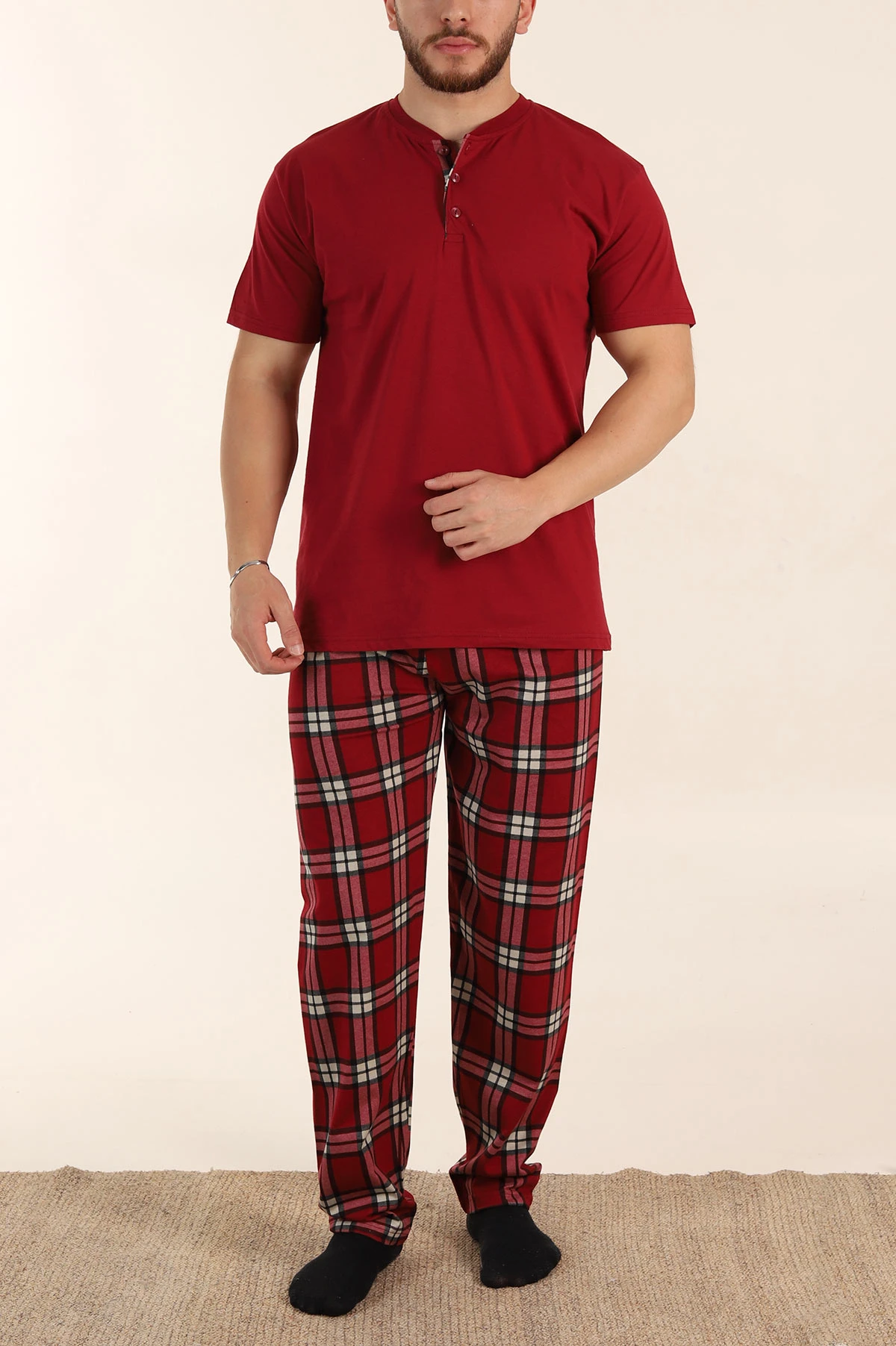 Bordo Ekose Desenli 3 Düğmeli Kısa Kol Erkek Pijama Takımı 362608