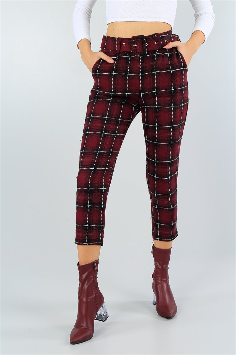 Bordo Ekose Kemerli Kaşe Bayan Pantolon 43378