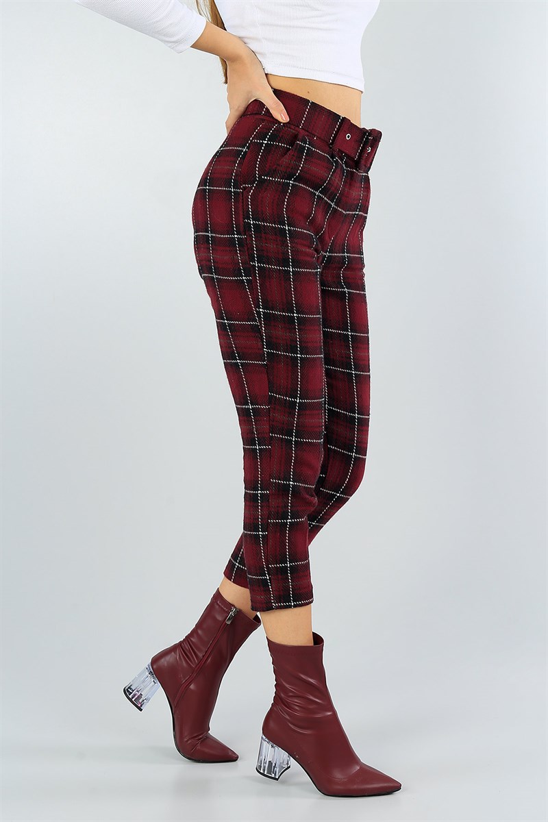 Bordo Ekose Kemerli Kaşe Bayan Pantolon 43378