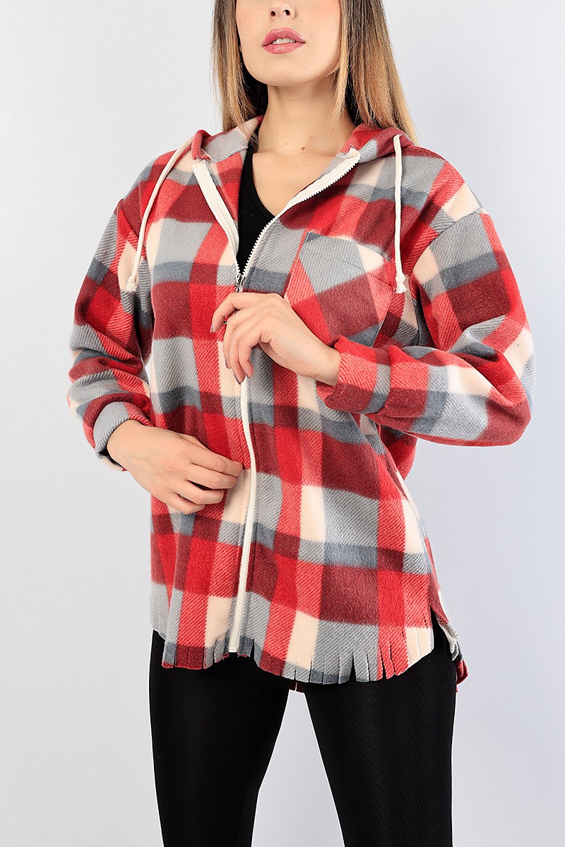 Bordo Ekose Polar Kumaş Bayan Fermuarlı Gömlek Ceket 76326