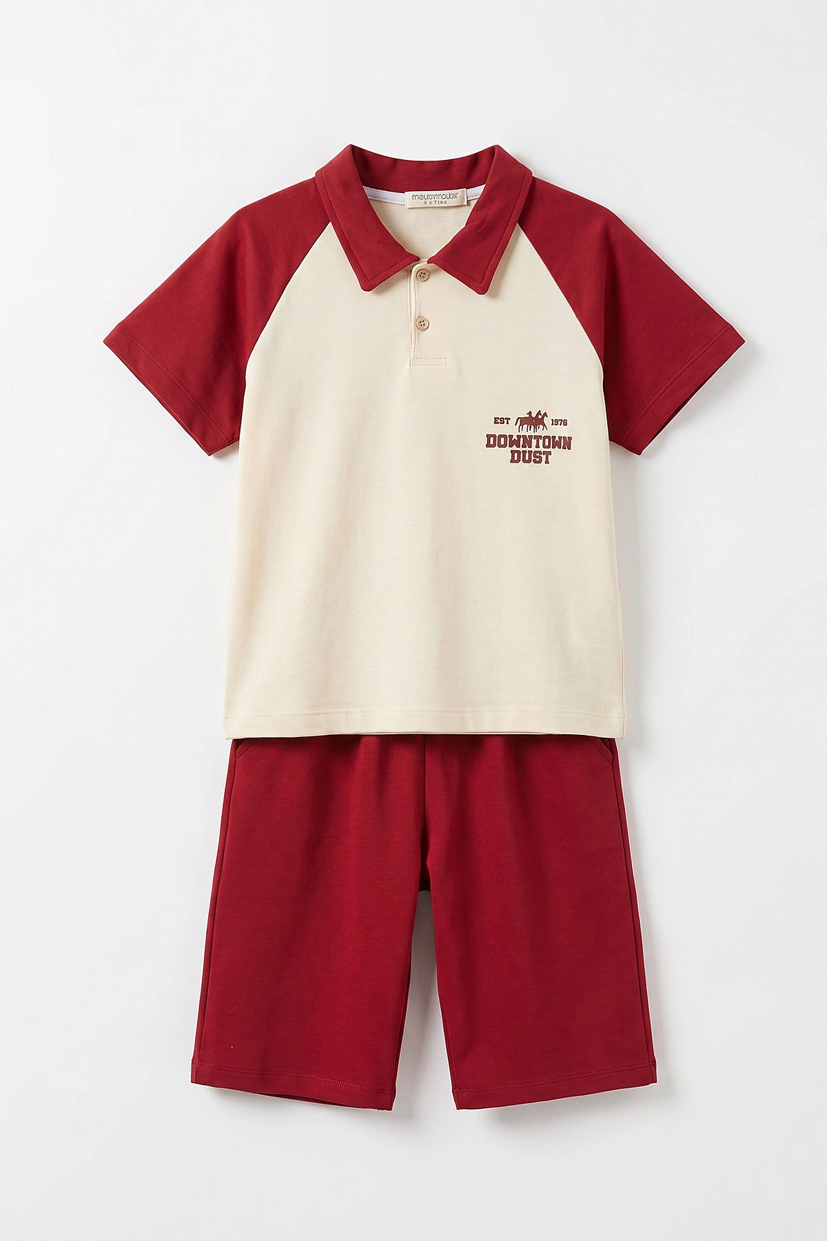 Bordo Ekru (7-12 Yaş) 1975 Baskılı Gömlek Yakalı Erkek Çocuk Yazlık Takım 469691