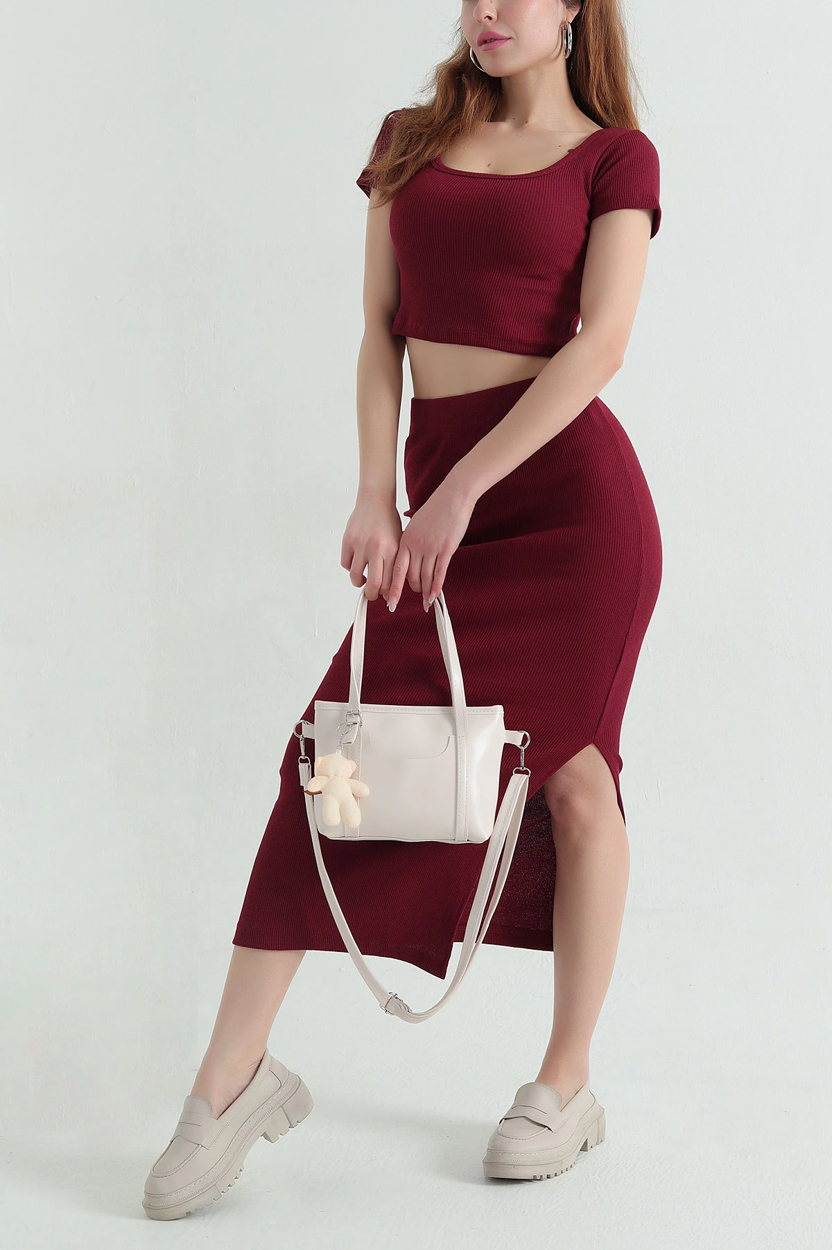 Bordo Etek Bluz Fitilli Kadın İkili Takım 357909