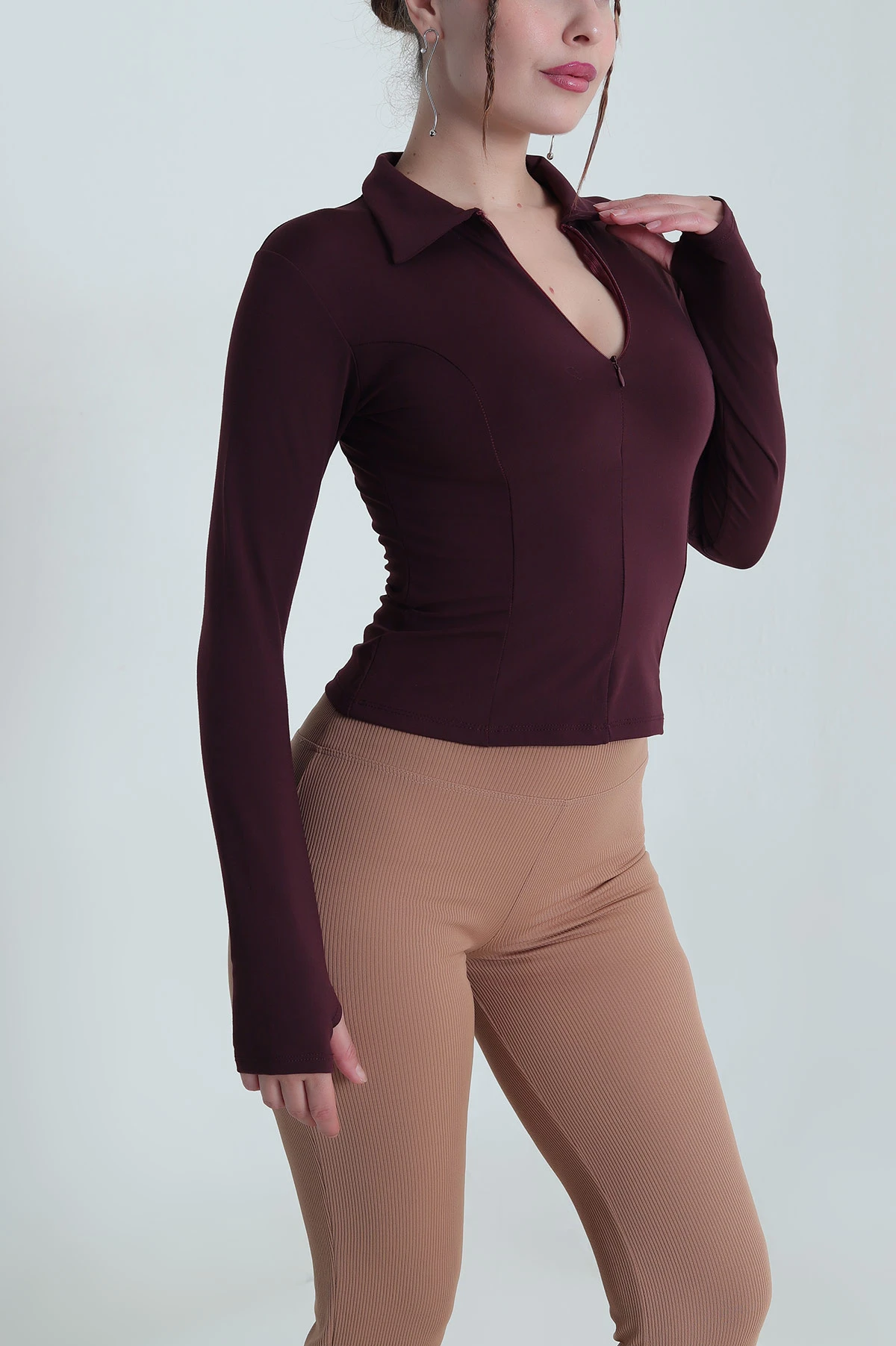 Bordo Fermuarlı Belize Kadın Bluz 482776