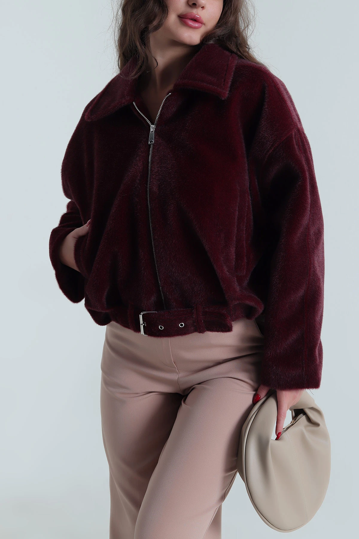 Bordo Fermuarlı Cepli Fox Kadın Bomber 491614
