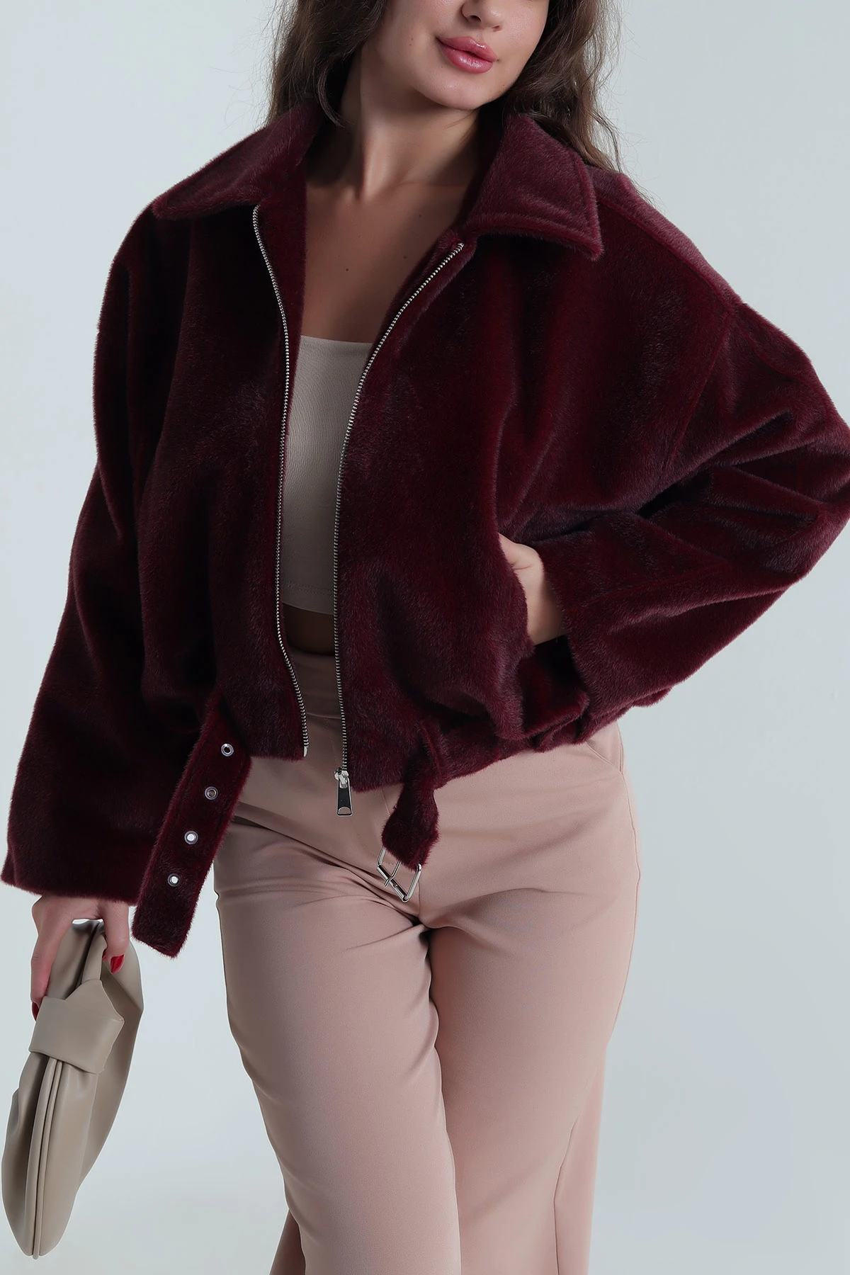 Bordo Fermuarlı Cepli Fox Kadın Bomber 491614