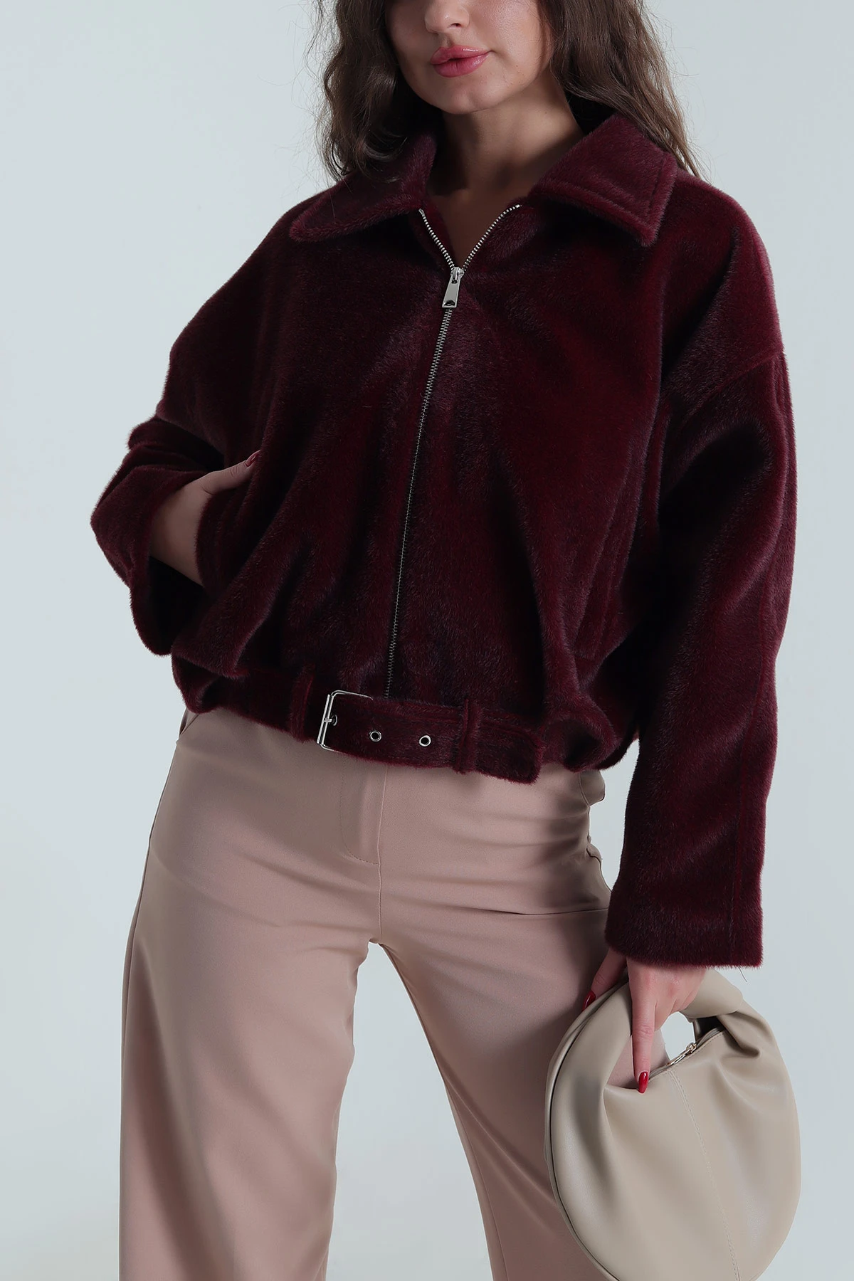 Bordo Fermuarlı Cepli Fox Kadın Bomber 491614