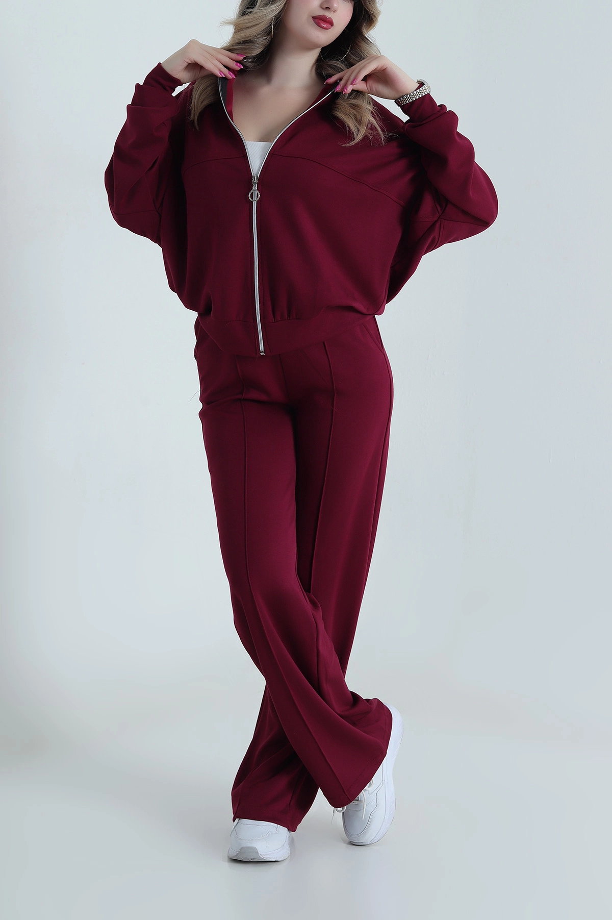 Bordo Fermuarlı Çimalı Modal Kadın İkili Takım 484439