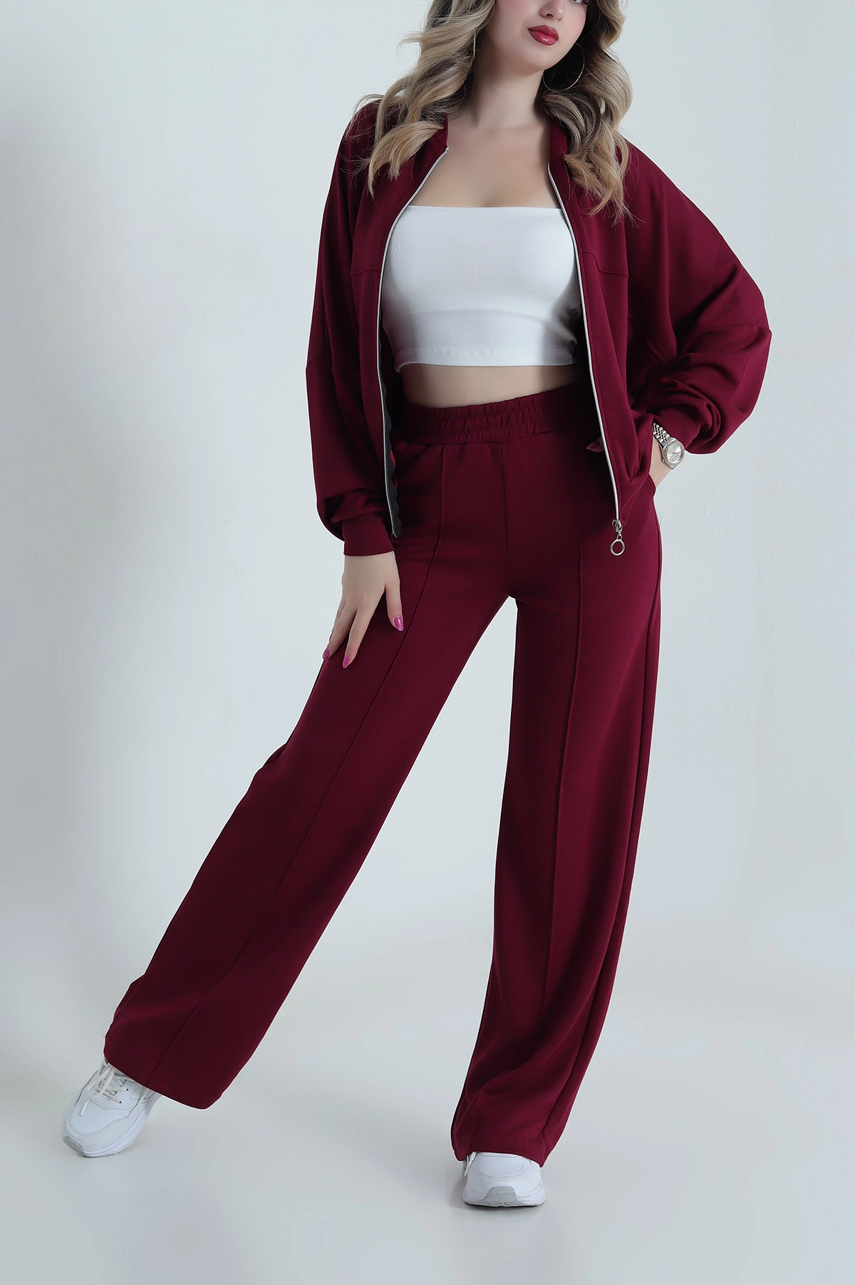 Bordo Fermuarlı Çimalı Modal Kadın İkili Takım 484439
