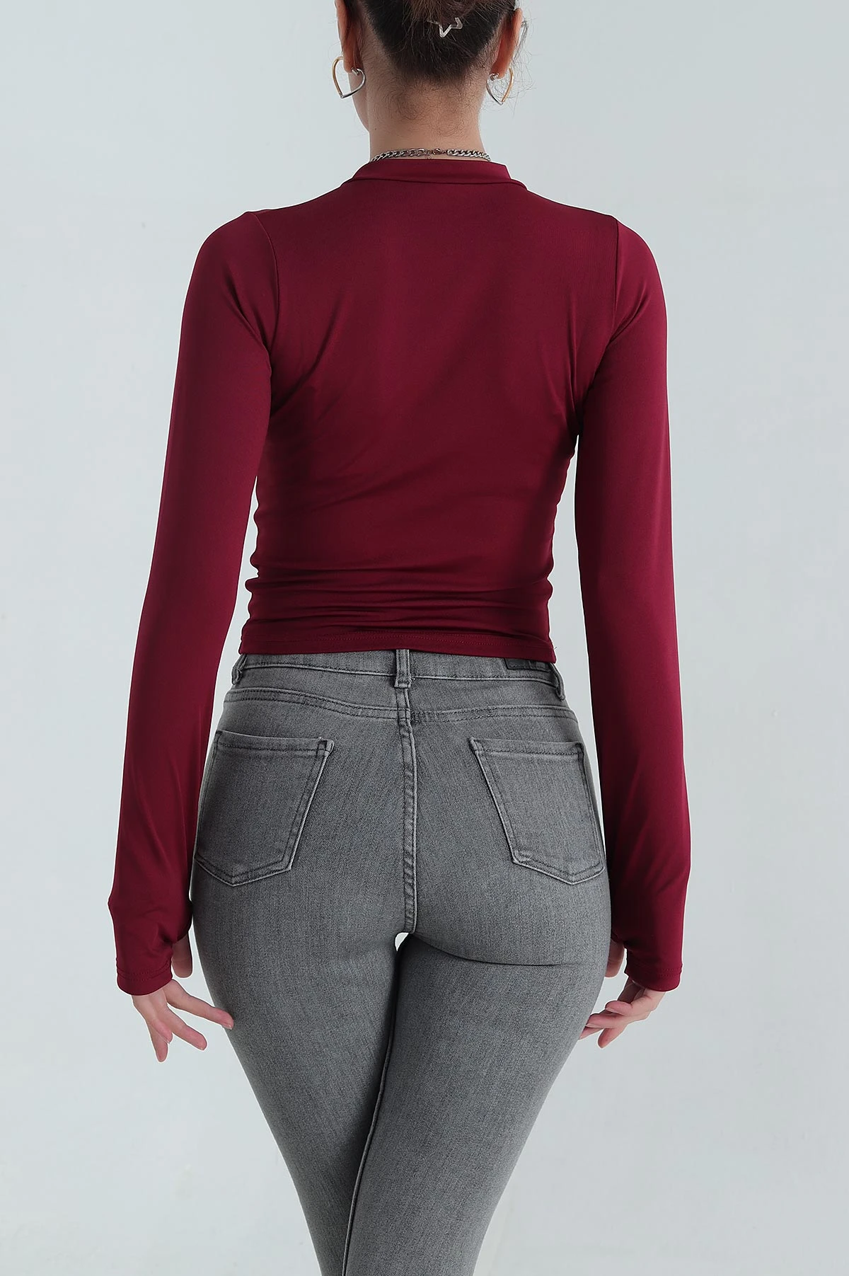 Bordo Fermuarlı Dalgıç Kumaş Kadın Bluz 387636