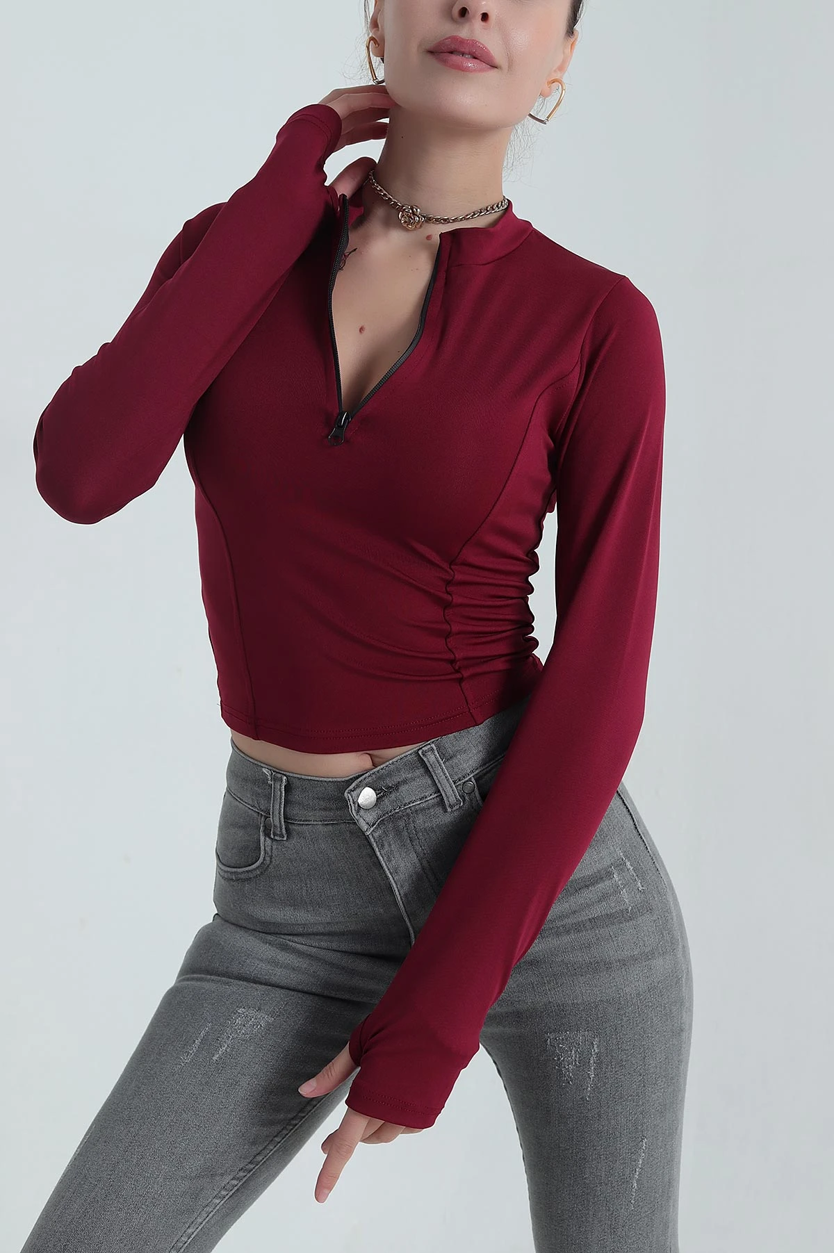 Bordo Fermuarlı Dalgıç Kumaş Kadın Bluz 387636
