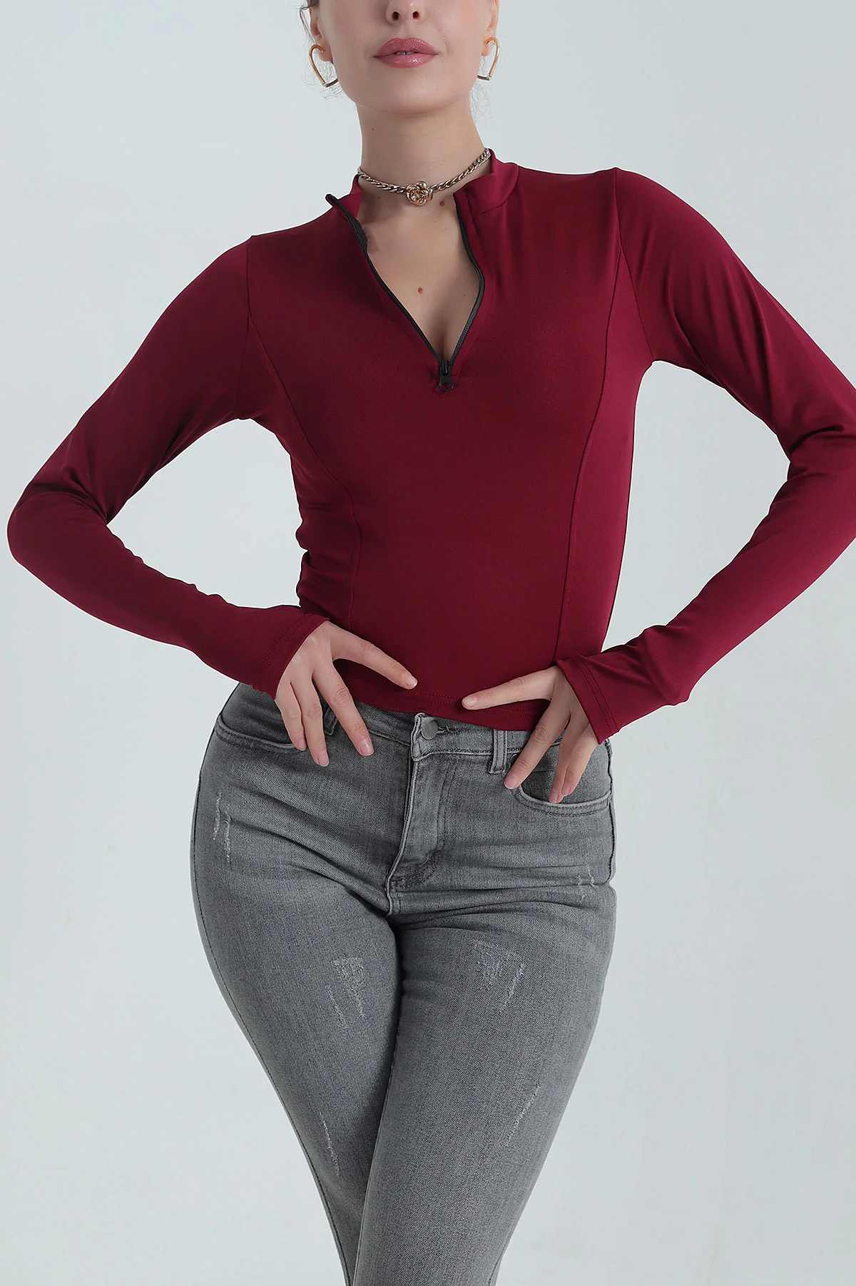 Bordo Fermuarlı Dalgıç Kumaş Kadın Bluz 387636