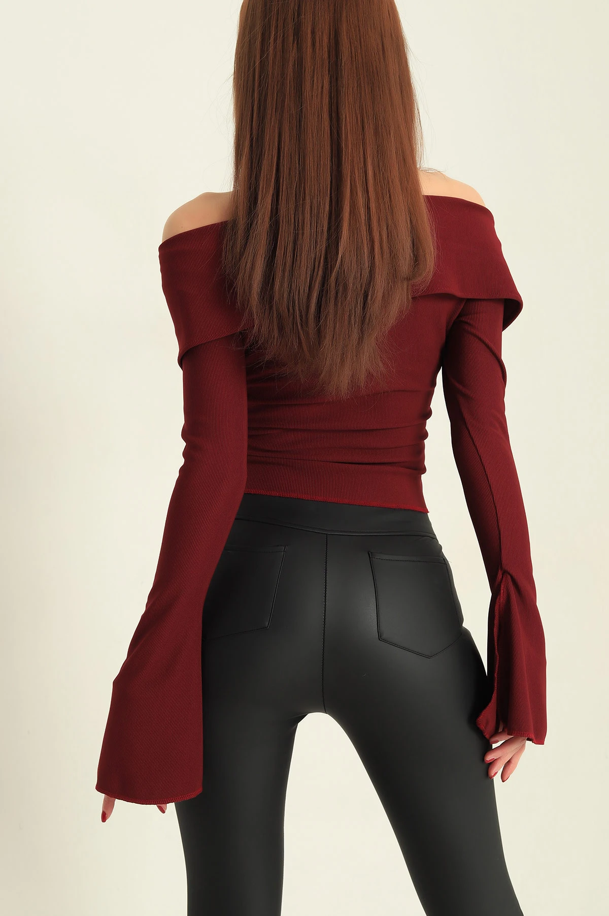 Bordo Fermuarlı İspanyol Kol Ottoman Bluz 333199