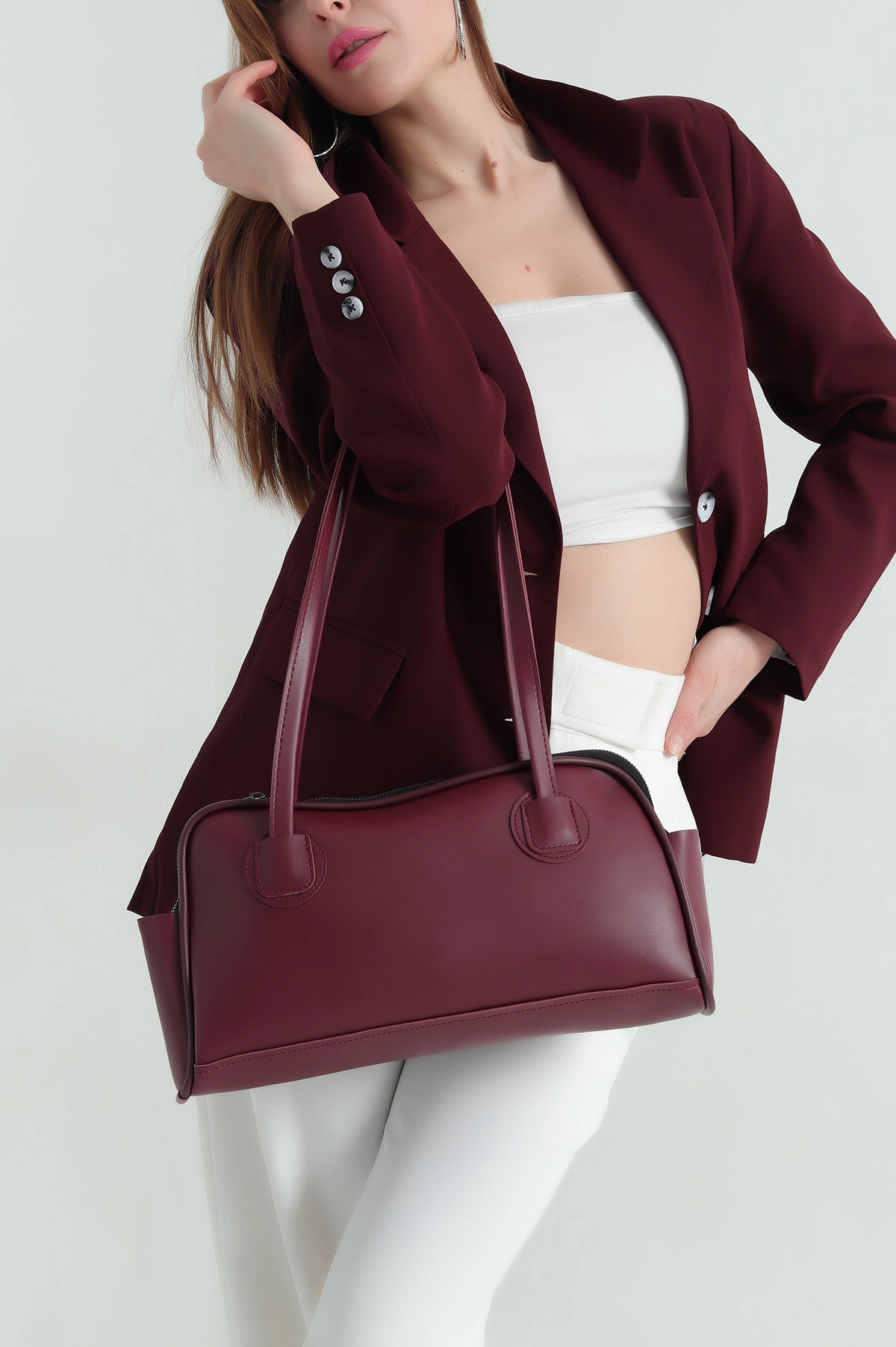 Bordo Fermuarlı Kadın Kol ve Omuz Çantası 355885