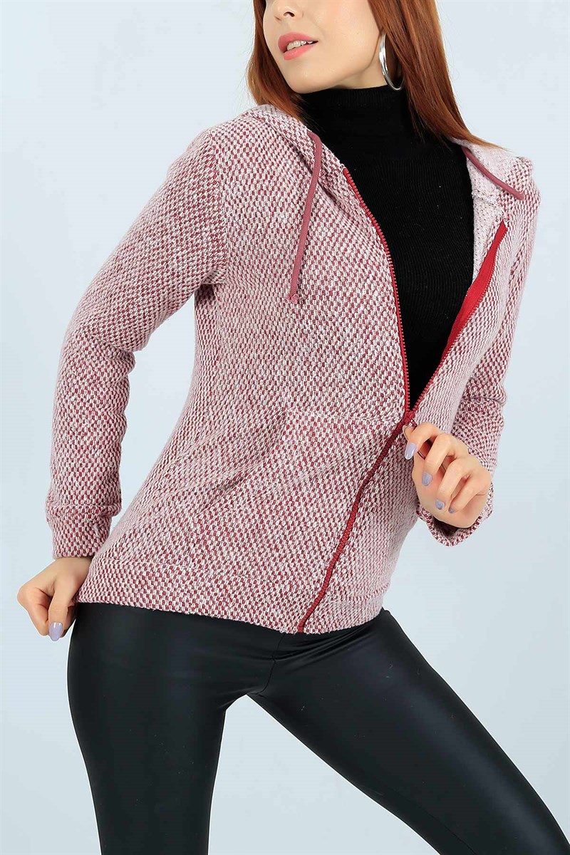 Bordo Fermuarlı Kapüşon Detay Dokuma Sweat 24556B