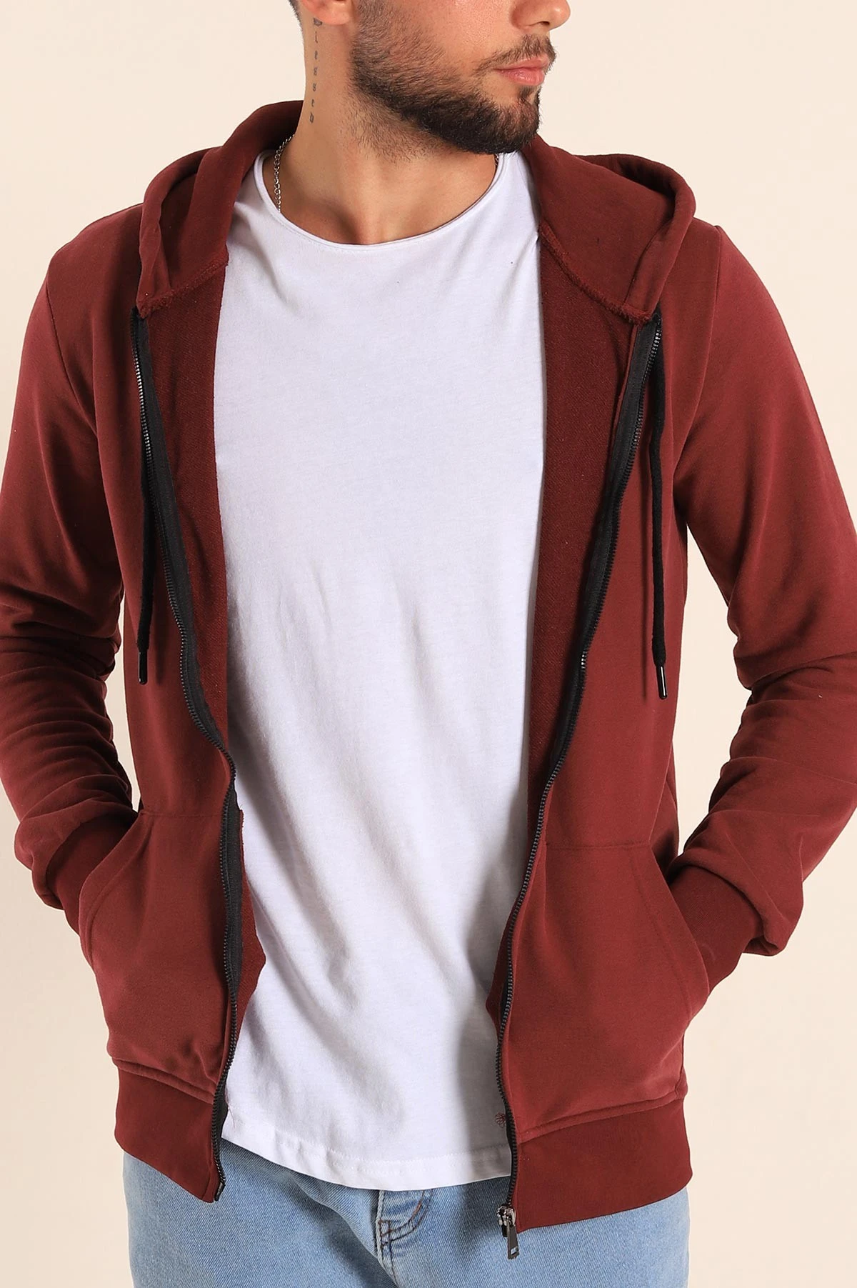 Bordo Fermuarlı Kapüşonlu Erkek Sweatshirt 236547