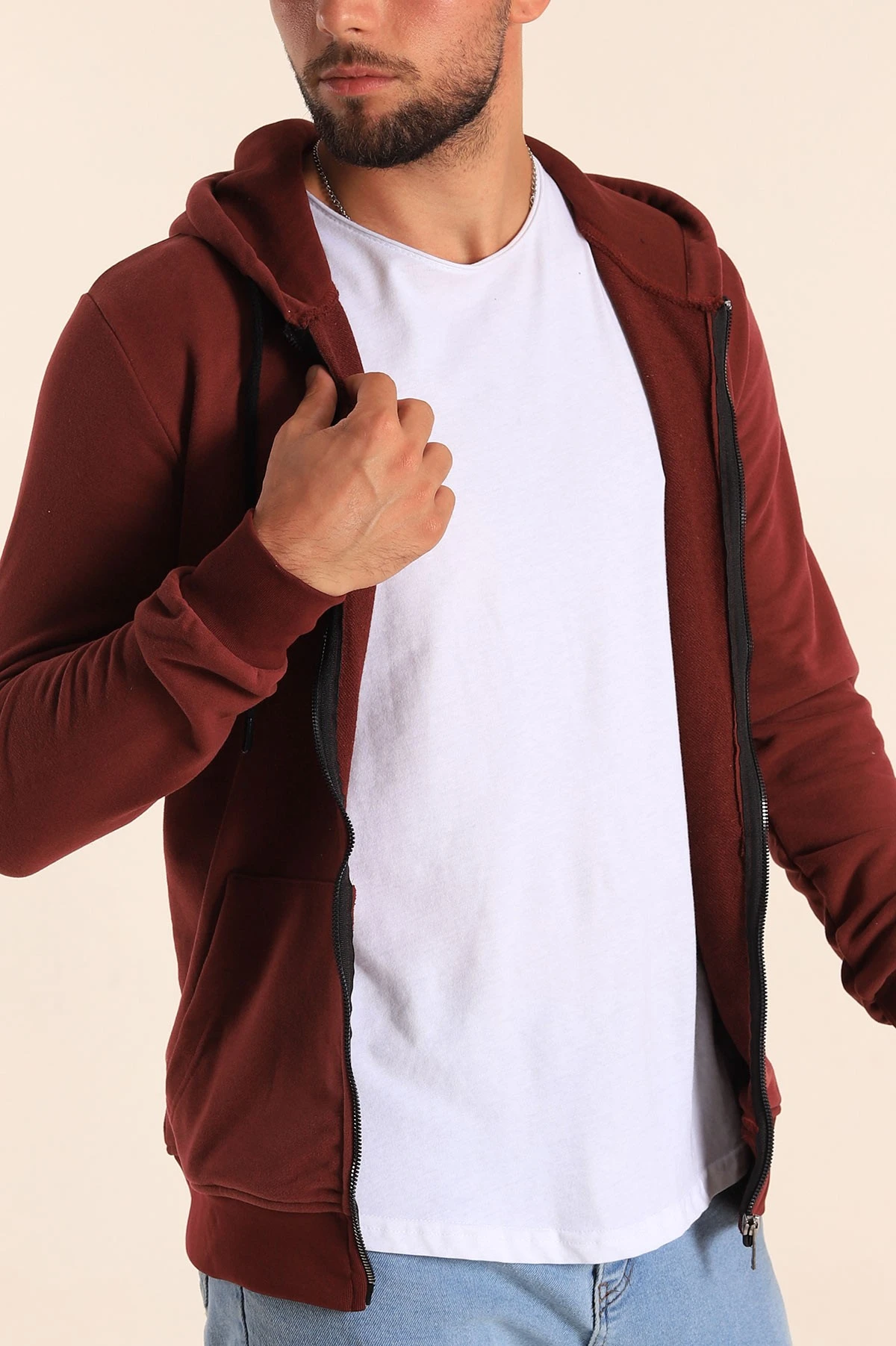 Bordo Fermuarlı Kapüşonlu Erkek Sweatshirt 236547