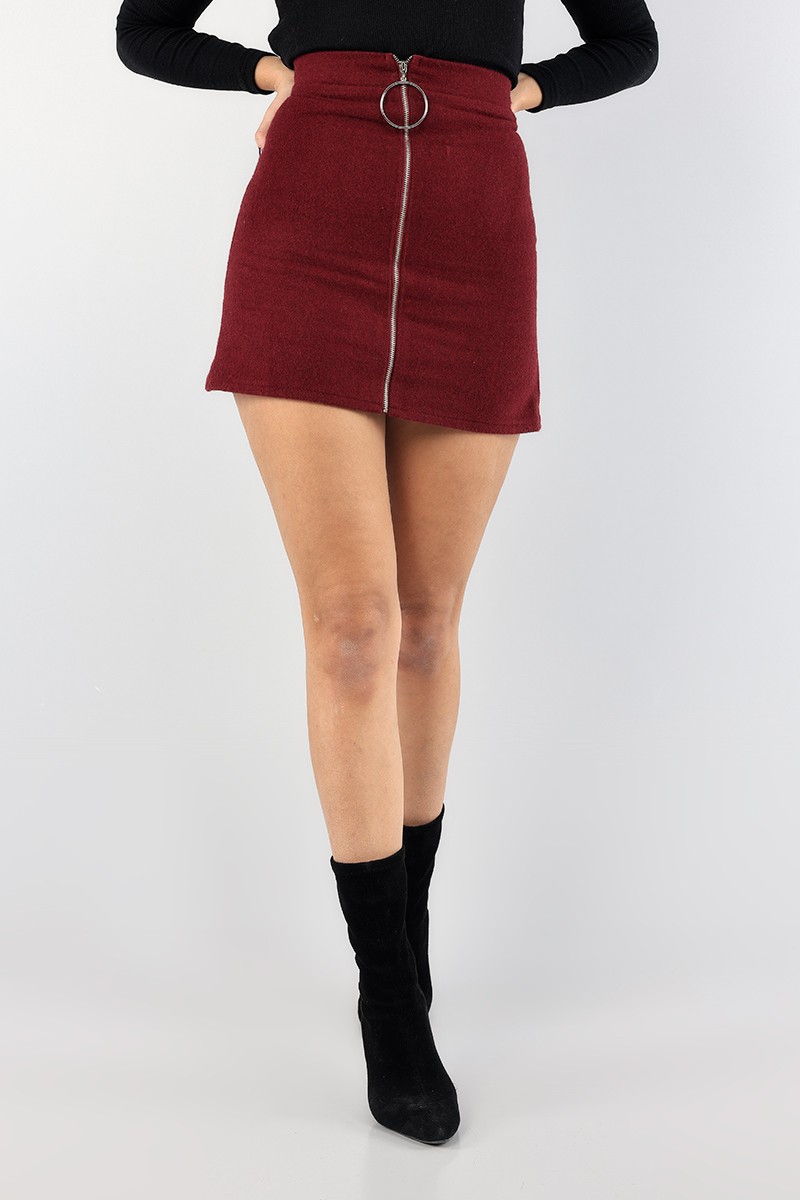 Bordo Fermuarlı Kaşe Etek 89867