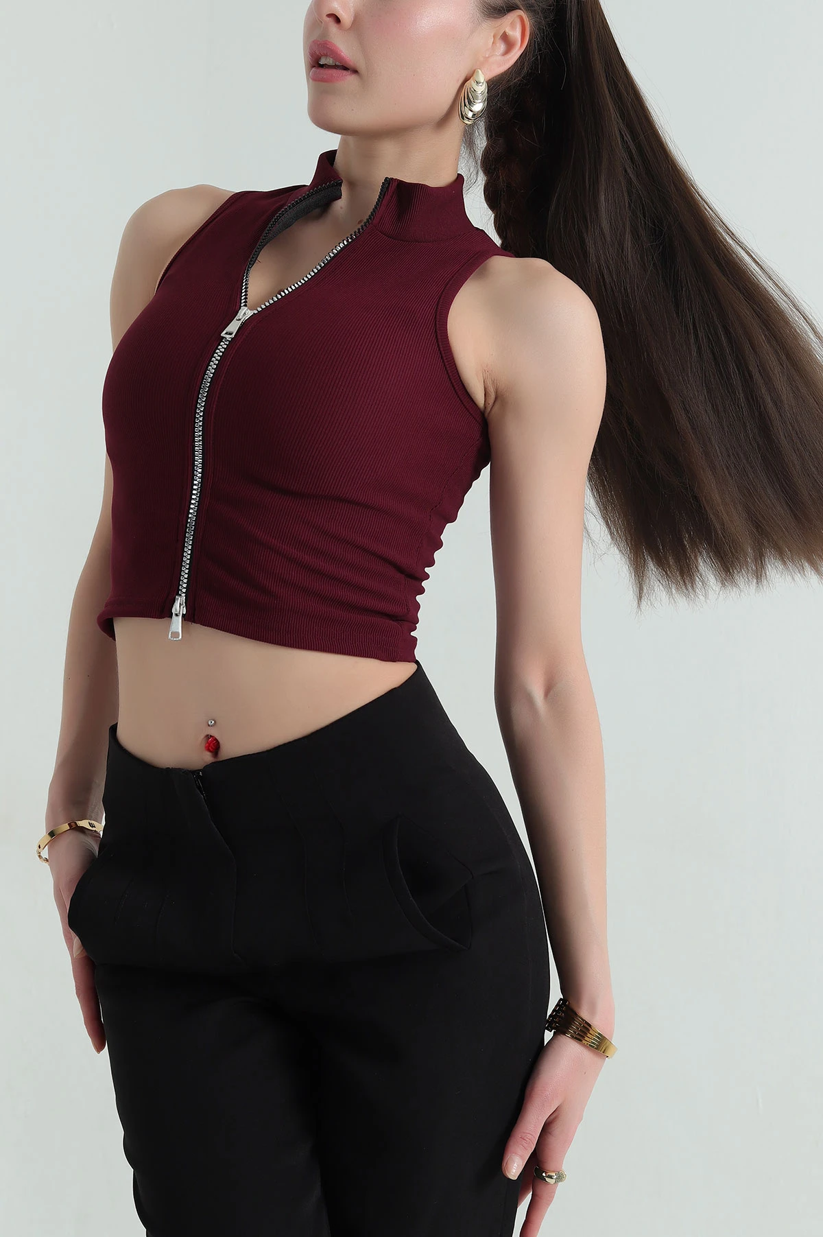 Bordo Fermuarlı Kolsuz Ottoman Bluz 350780