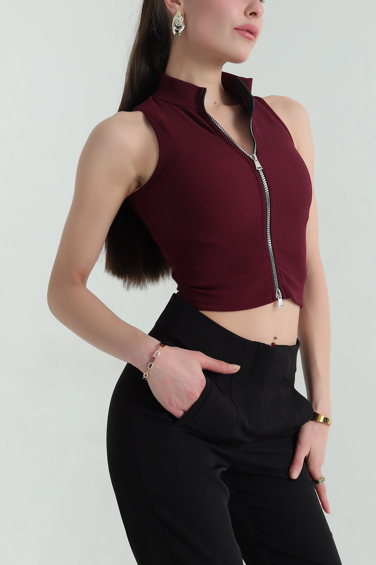 Bordo Fermuarlı Kolsuz Ottoman Bluz 350780