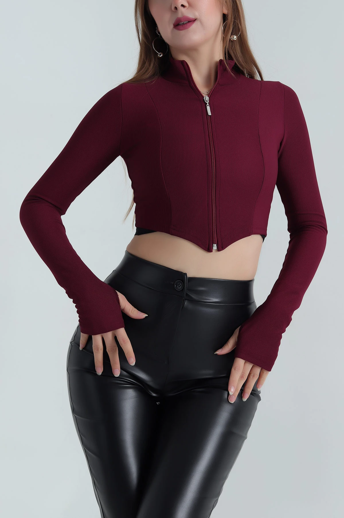 Bordo Fermuarlı Ottoman Kadın Bluz 394814