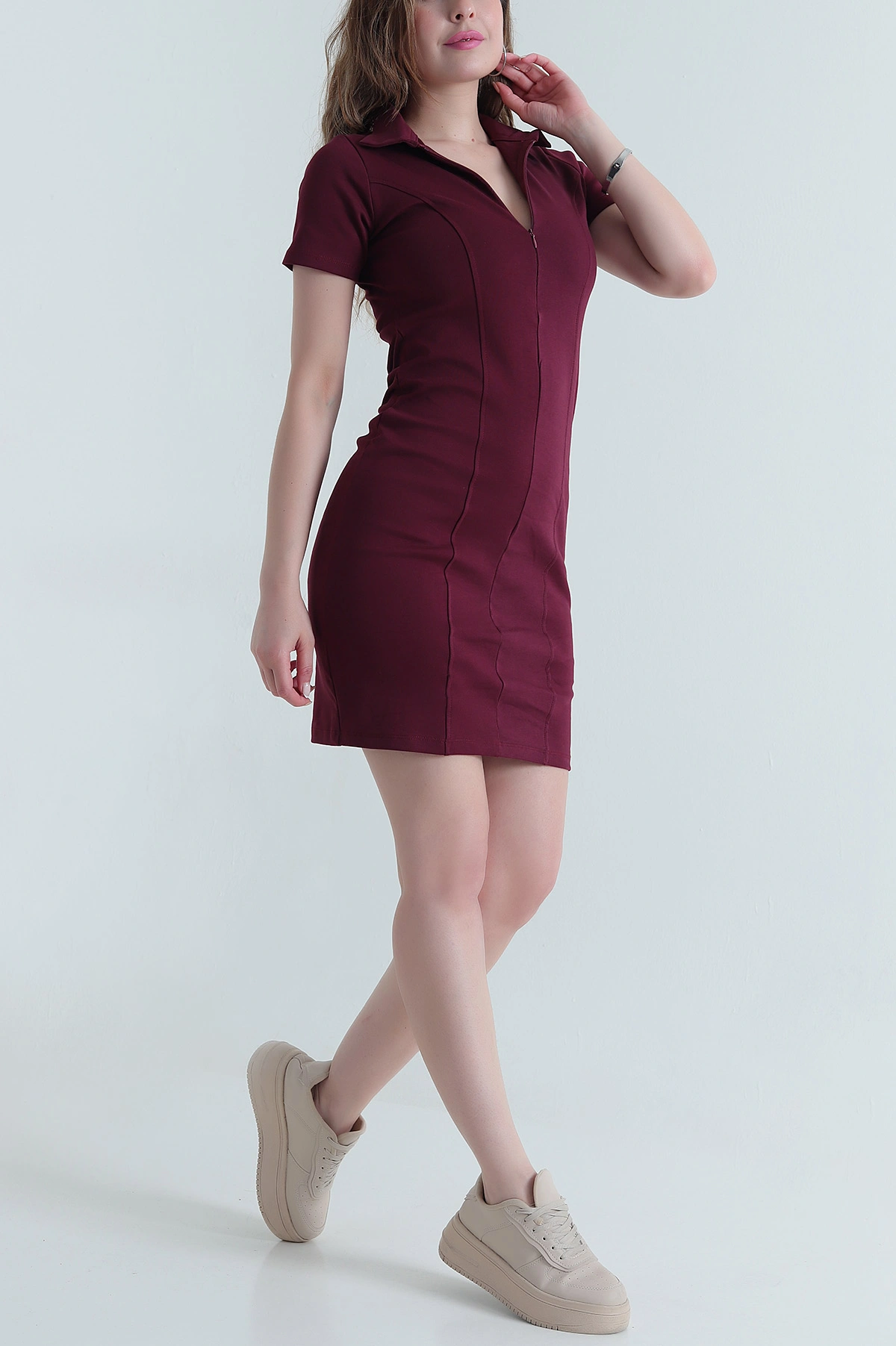 Bordo Fermuarlı Polo Yaka İnterlok Kadın Elbise 473881