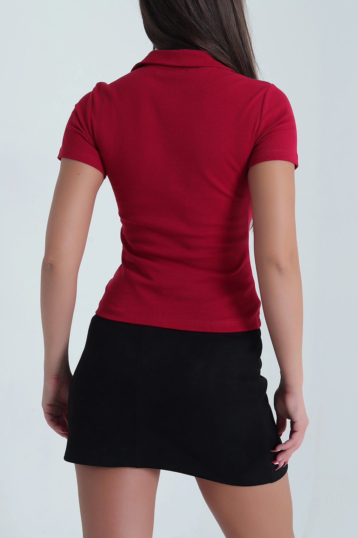 Bordo Fermuarlı Polo Yaka Kadın Body Tişört 477737