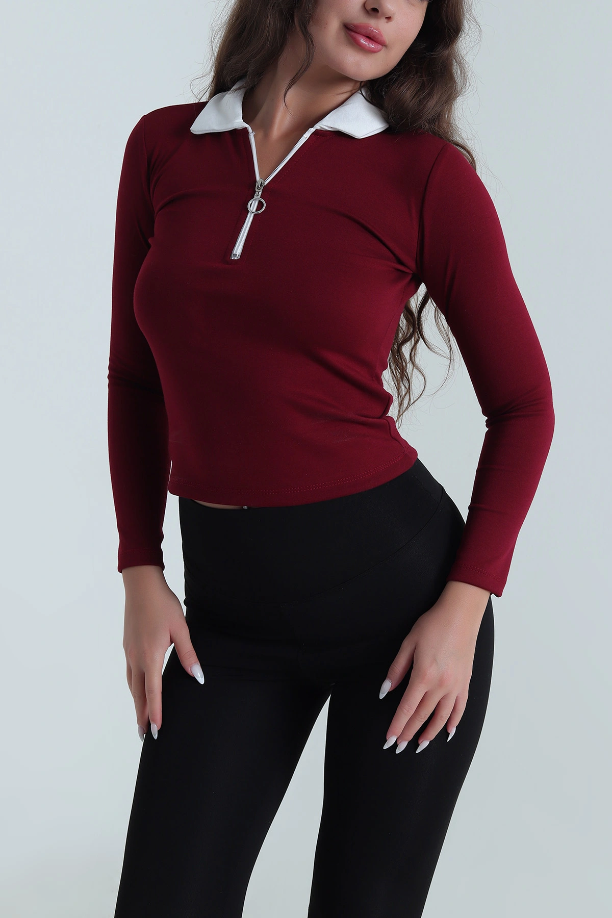 Bordo Fermuarlı Polo Yaka Oysho Kadın Bluz 488564