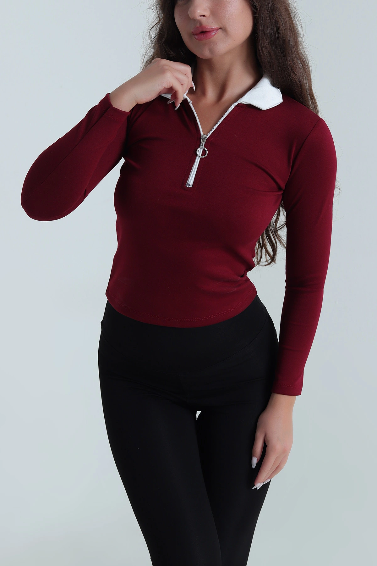 Bordo Fermuarlı Polo Yaka Oysho Kadın Bluz 488564