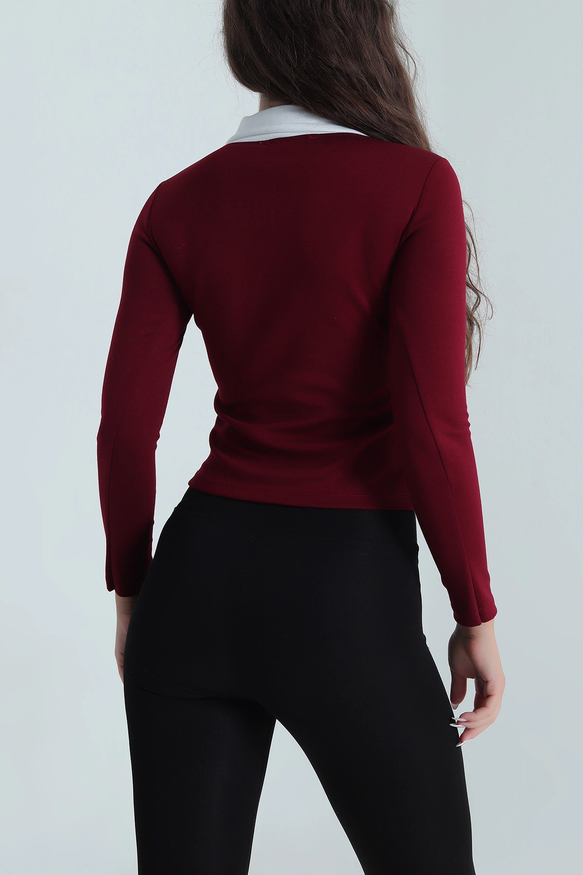 Bordo Fermuarlı Polo Yaka Oysho Kadın Bluz 488564