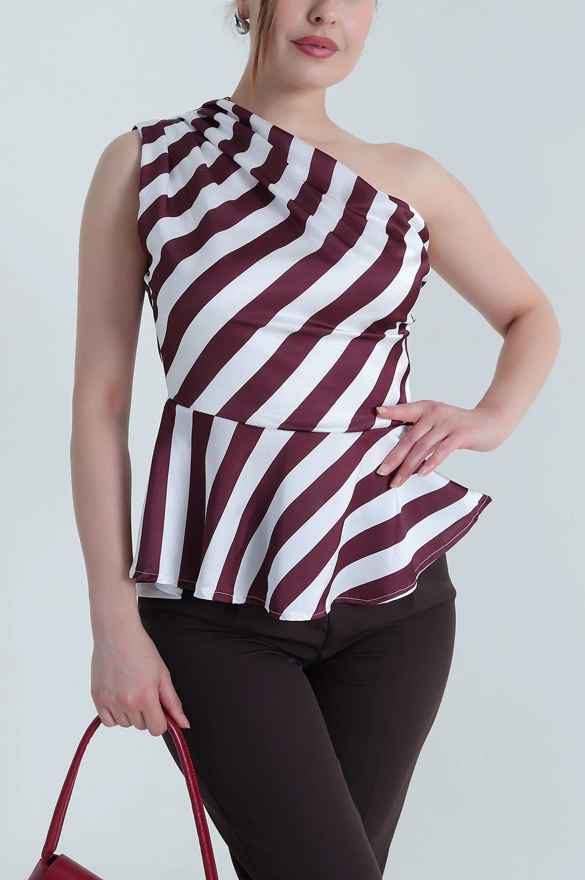 Bordo Fermuarlı Tek Omuz Saten Kadın Bluz 470425